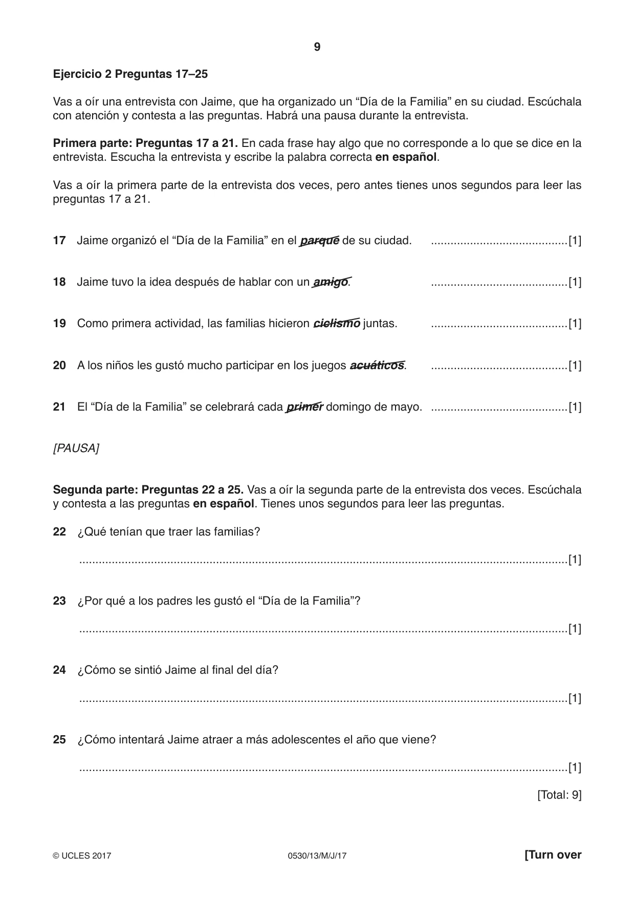 Cambridge IGCSE Spanish - Foreign Language 0530 2017 May/June Paper 1 · Variant 3 question paper, page 9 of 12