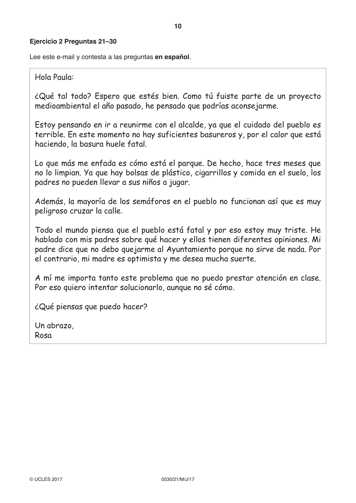 Cambridge IGCSE Spanish - Foreign Language 0530 2017 May/June Paper 2 · Variant 1 question paper, page 10 of 16