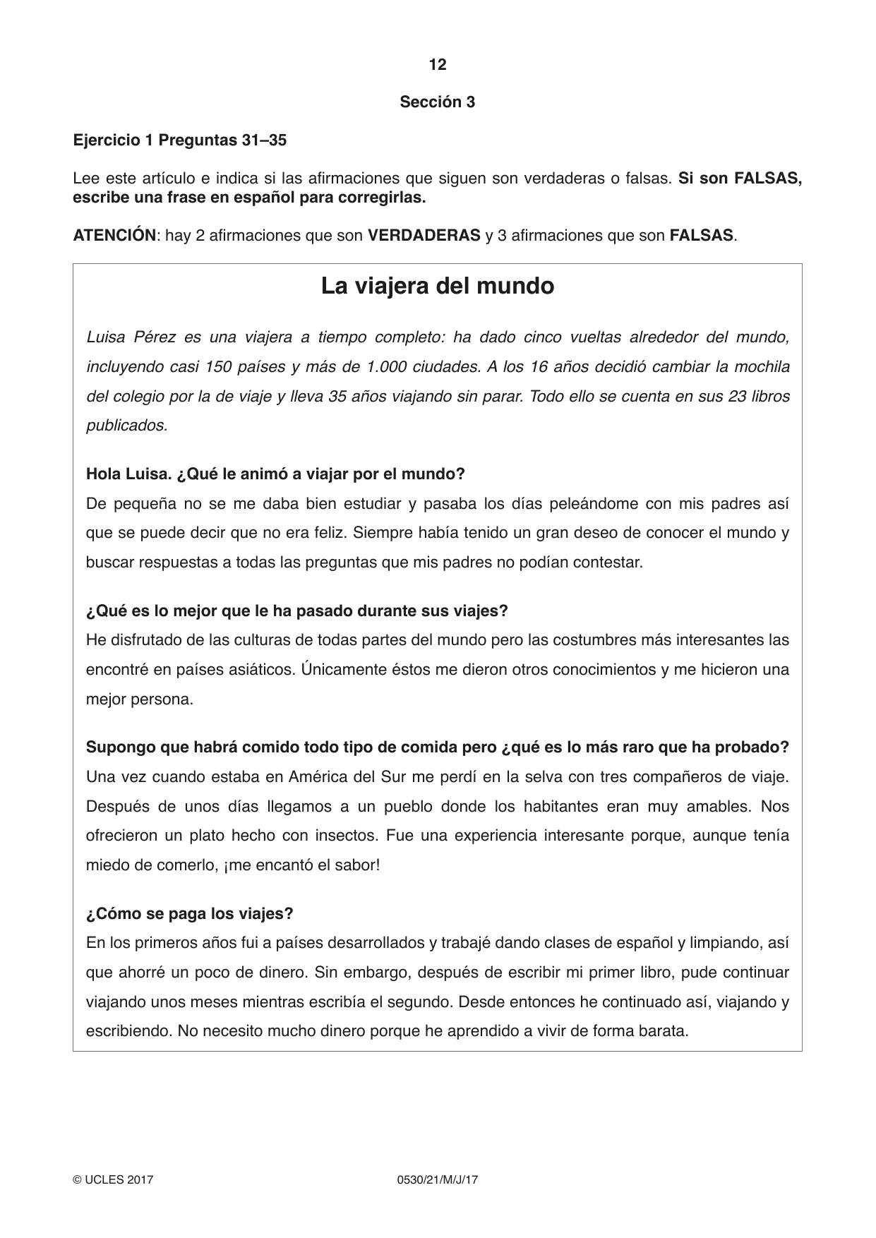 Cambridge IGCSE Spanish - Foreign Language 0530 2017 May/June Paper 2 · Variant 1 question paper, page 12 of 16
