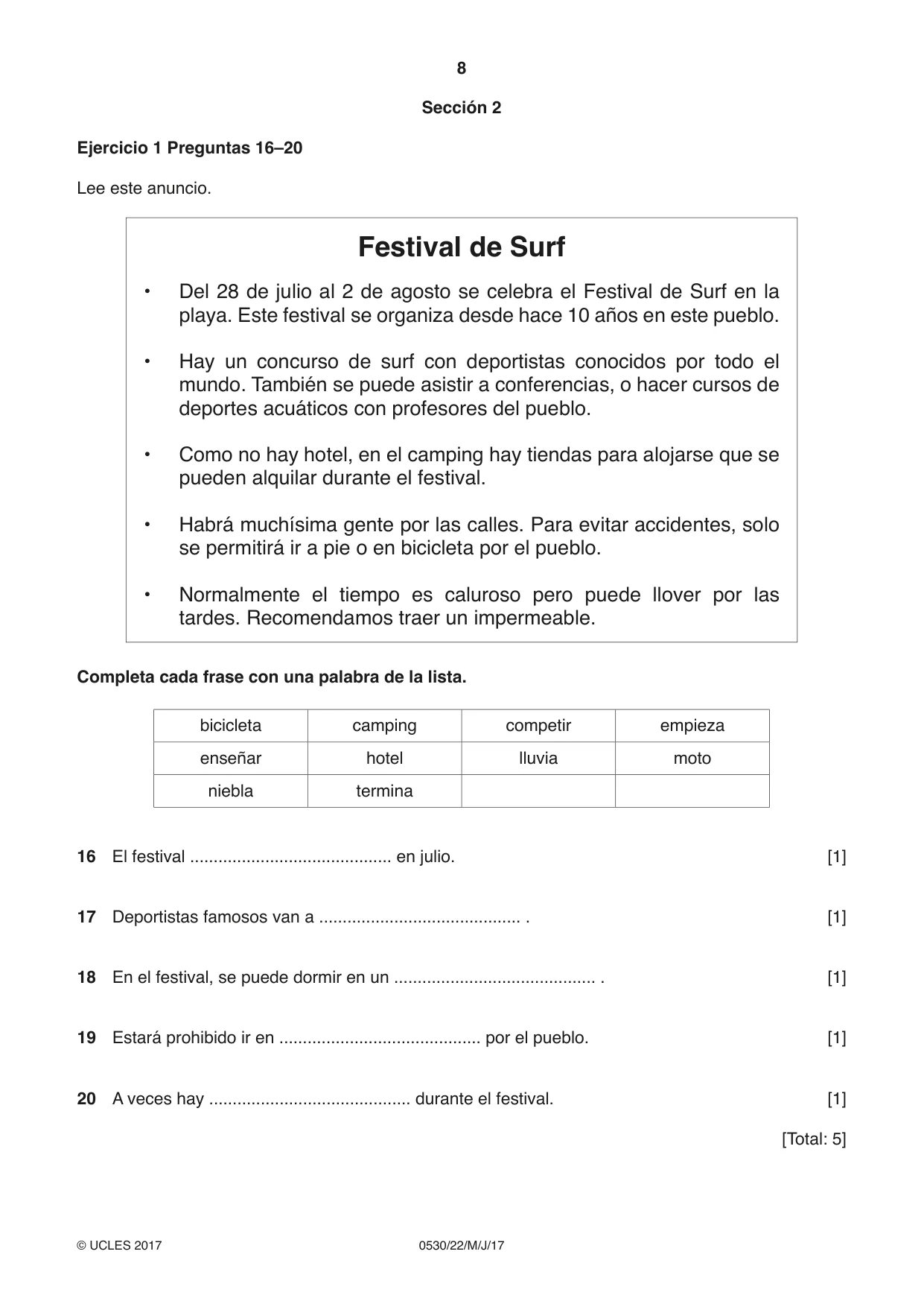 Cambridge IGCSE Spanish - Foreign Language 0530 2017 May/June Paper 2 · Variant 2 question paper, page 8 of 16