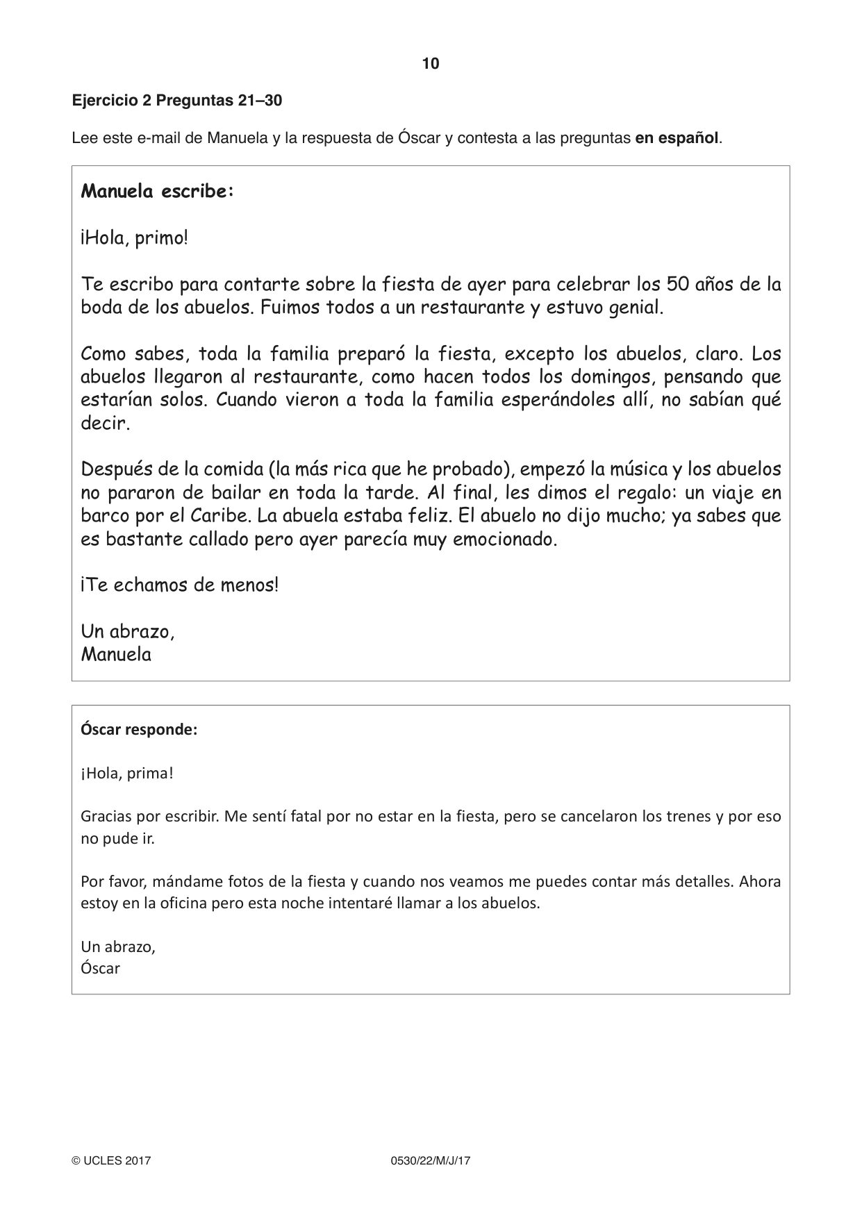 Cambridge IGCSE Spanish - Foreign Language 0530 2017 May/June Paper 2 · Variant 2 question paper, page 10 of 16