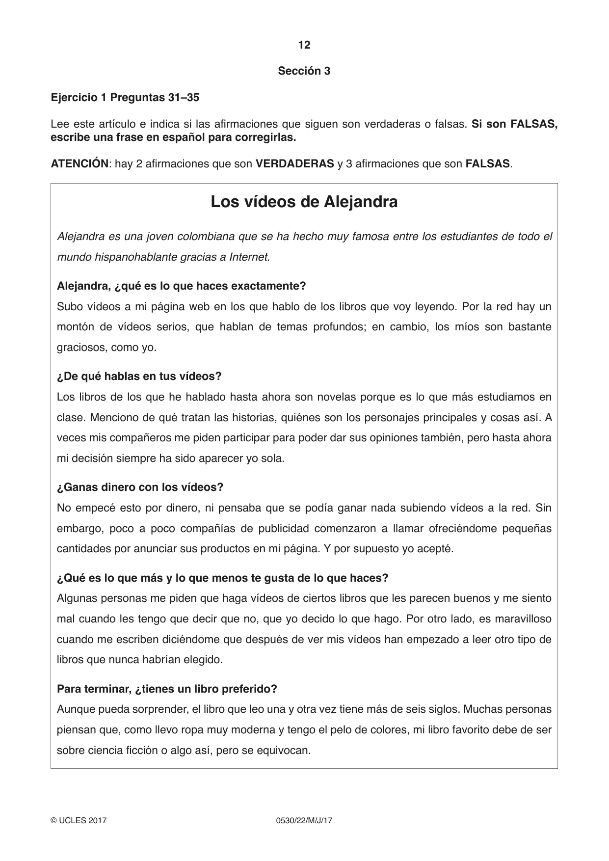 Cambridge IGCSE Spanish - Foreign Language 0530 2017 May/June Paper 2 · Variant 2 question paper, page 12 of 16