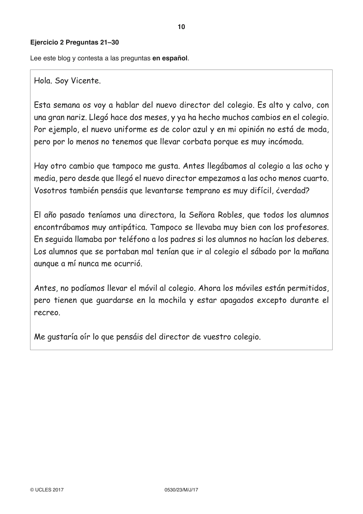 Cambridge IGCSE Spanish - Foreign Language 0530 2017 May/June Paper 2 · Variant 3 question paper, page 10 of 16
