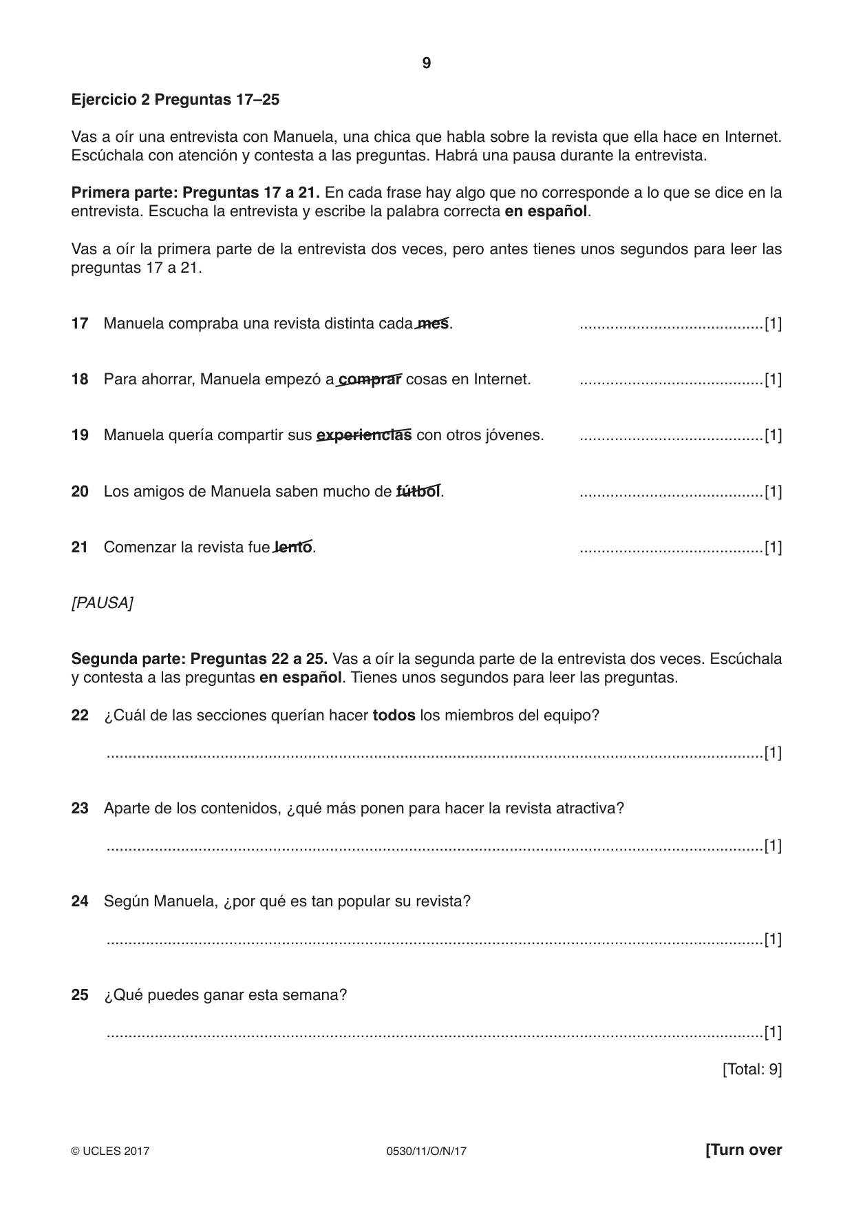Cambridge IGCSE Spanish - Foreign Language 0530 2017 Oct/Nov Paper 1 · Variant 1 question paper, page 9 of 12