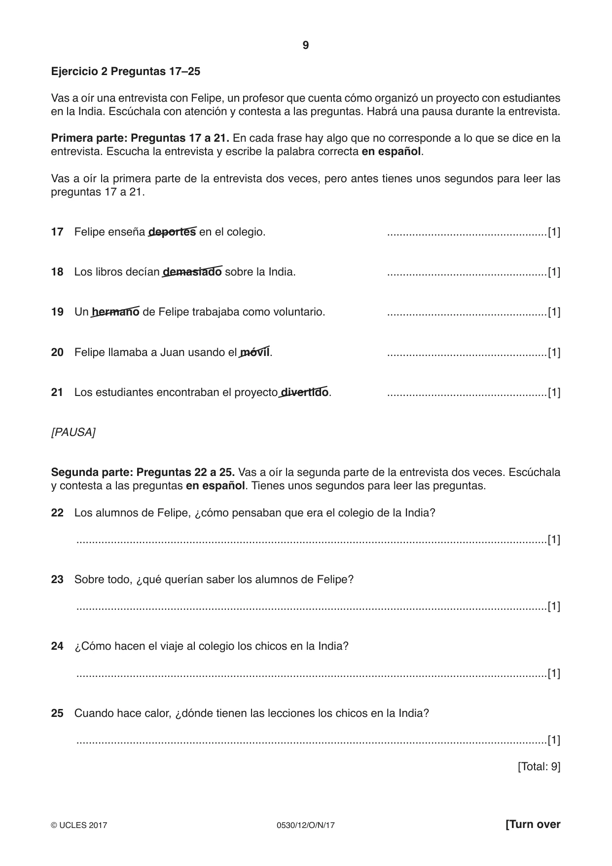 Cambridge IGCSE Spanish - Foreign Language 0530 2017 Oct/Nov Paper 1 · Variant 2 question paper, page 9 of 12