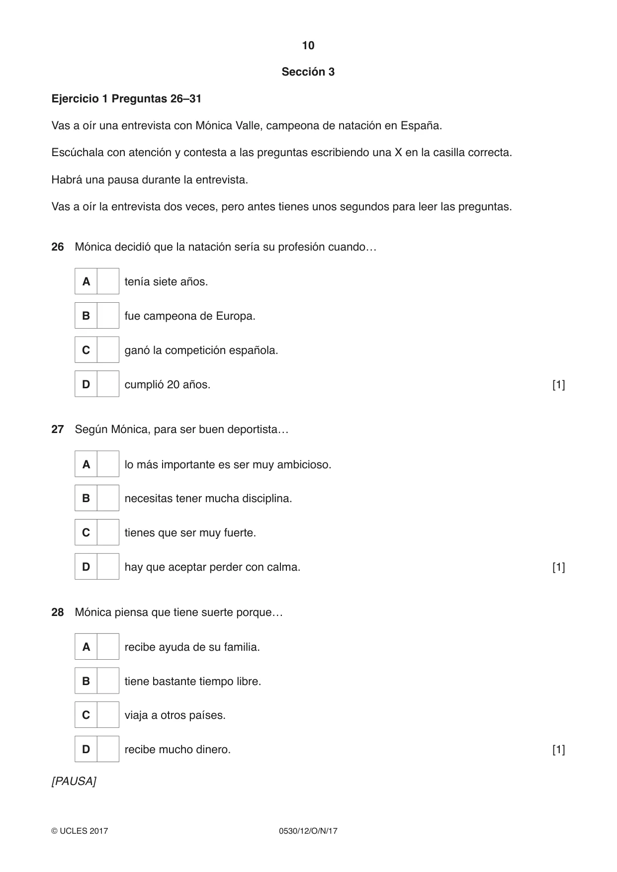 Cambridge IGCSE Spanish - Foreign Language 0530 2017 Oct/Nov Paper 1 · Variant 2 question paper, page 10 of 12
