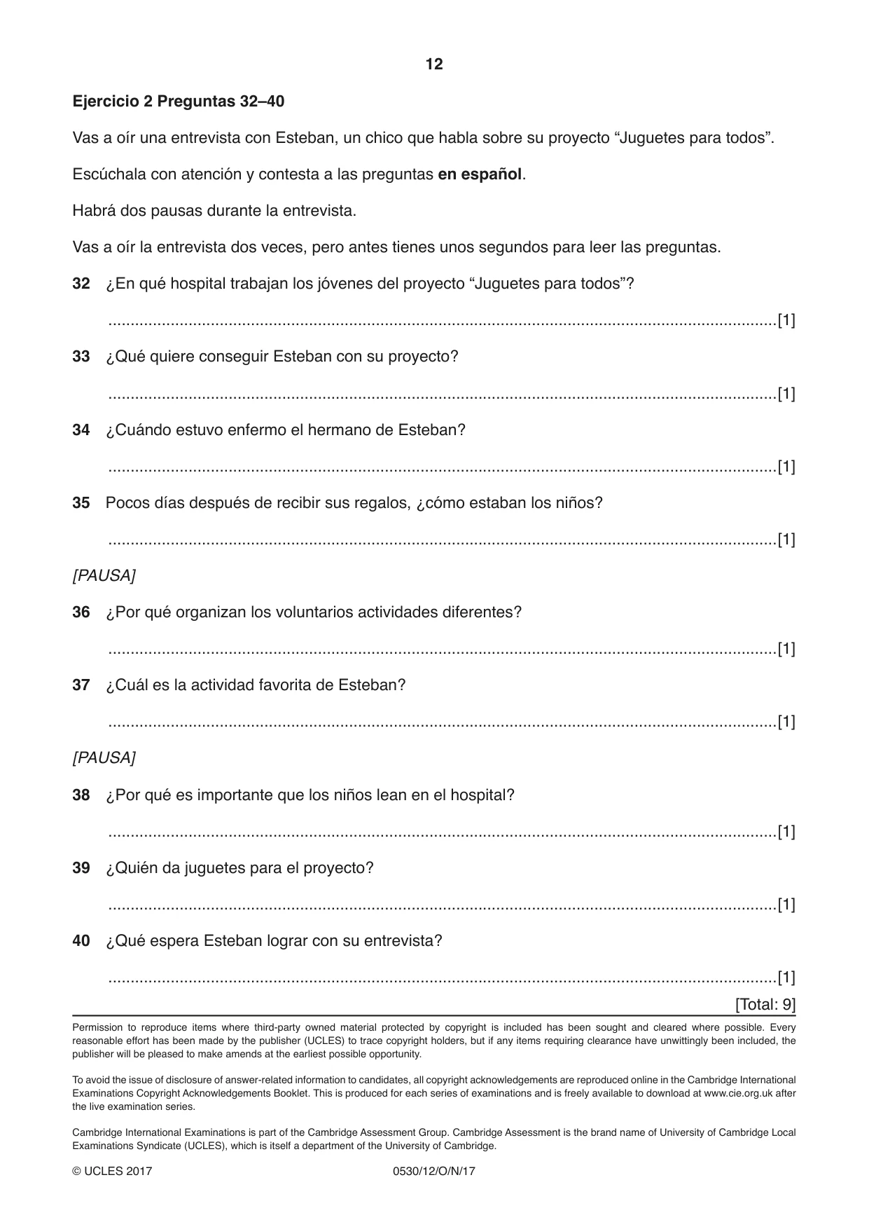 Cambridge IGCSE Spanish - Foreign Language 0530 2017 Oct/Nov Paper 1 · Variant 2 question paper, page 12 of 12