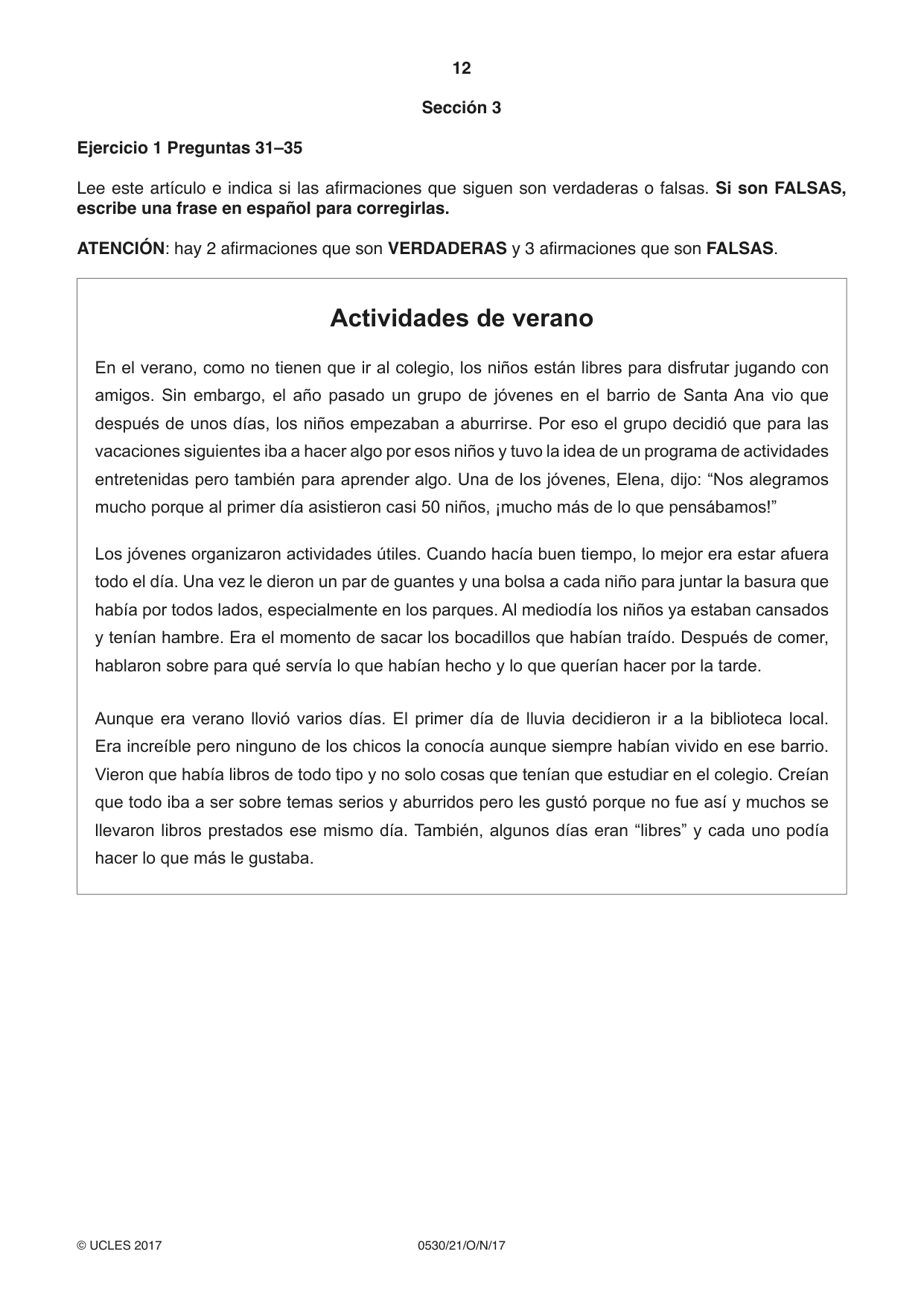 Cambridge IGCSE Spanish - Foreign Language 0530 2017 Oct/Nov Paper 2 · Variant 1 question paper, page 12 of 16