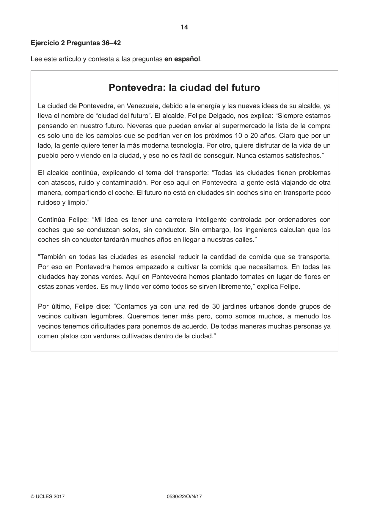 Cambridge IGCSE Spanish - Foreign Language 0530 2017 Oct/Nov Paper 2 · Variant 2 question paper, page 14 of 16