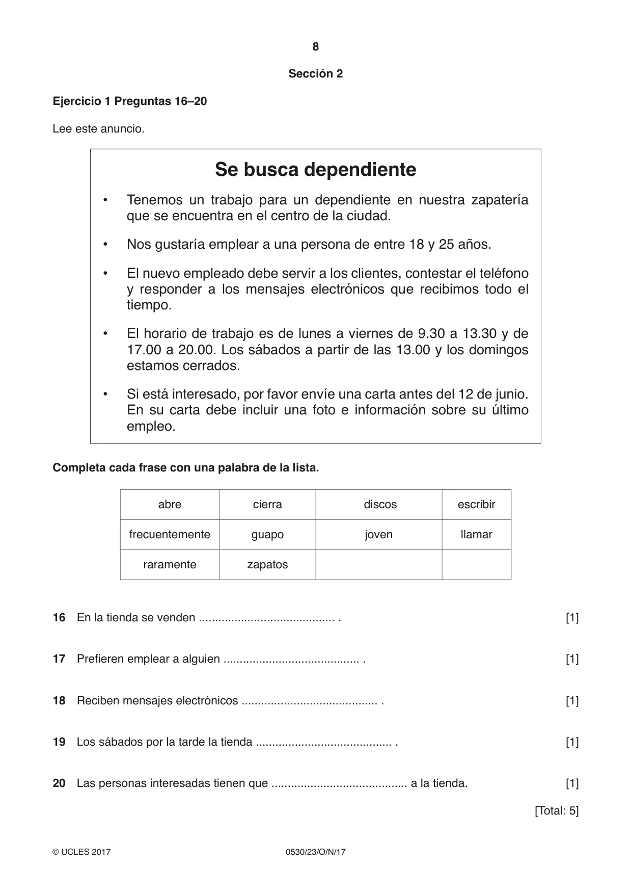 Cambridge IGCSE Spanish - Foreign Language 0530 2017 Oct/Nov Paper 2 · Variant 3 question paper, page 8 of 16
