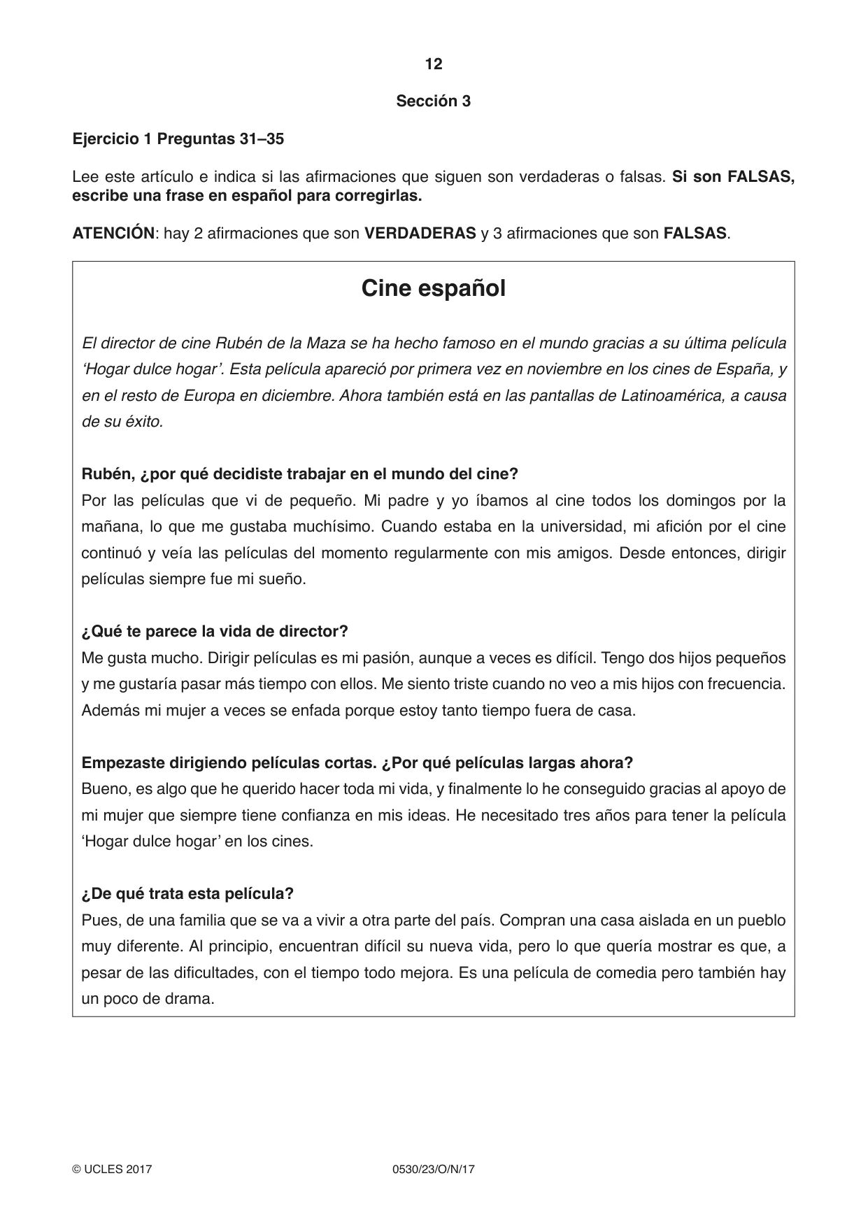 Cambridge IGCSE Spanish - Foreign Language 0530 2017 Oct/Nov Paper 2 · Variant 3 question paper, page 12 of 16
