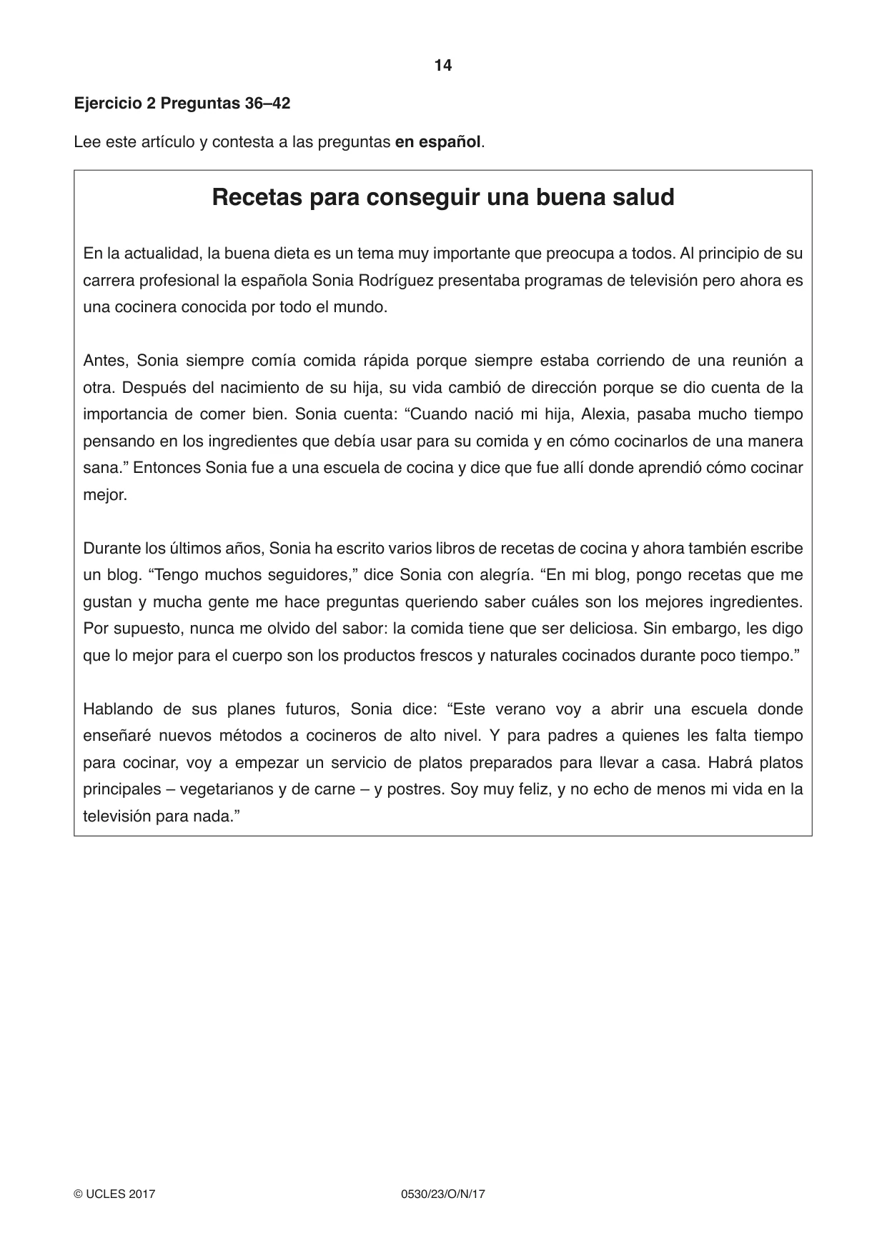 Cambridge IGCSE Spanish - Foreign Language 0530 2017 Oct/Nov Paper 2 · Variant 3 question paper, page 14 of 16