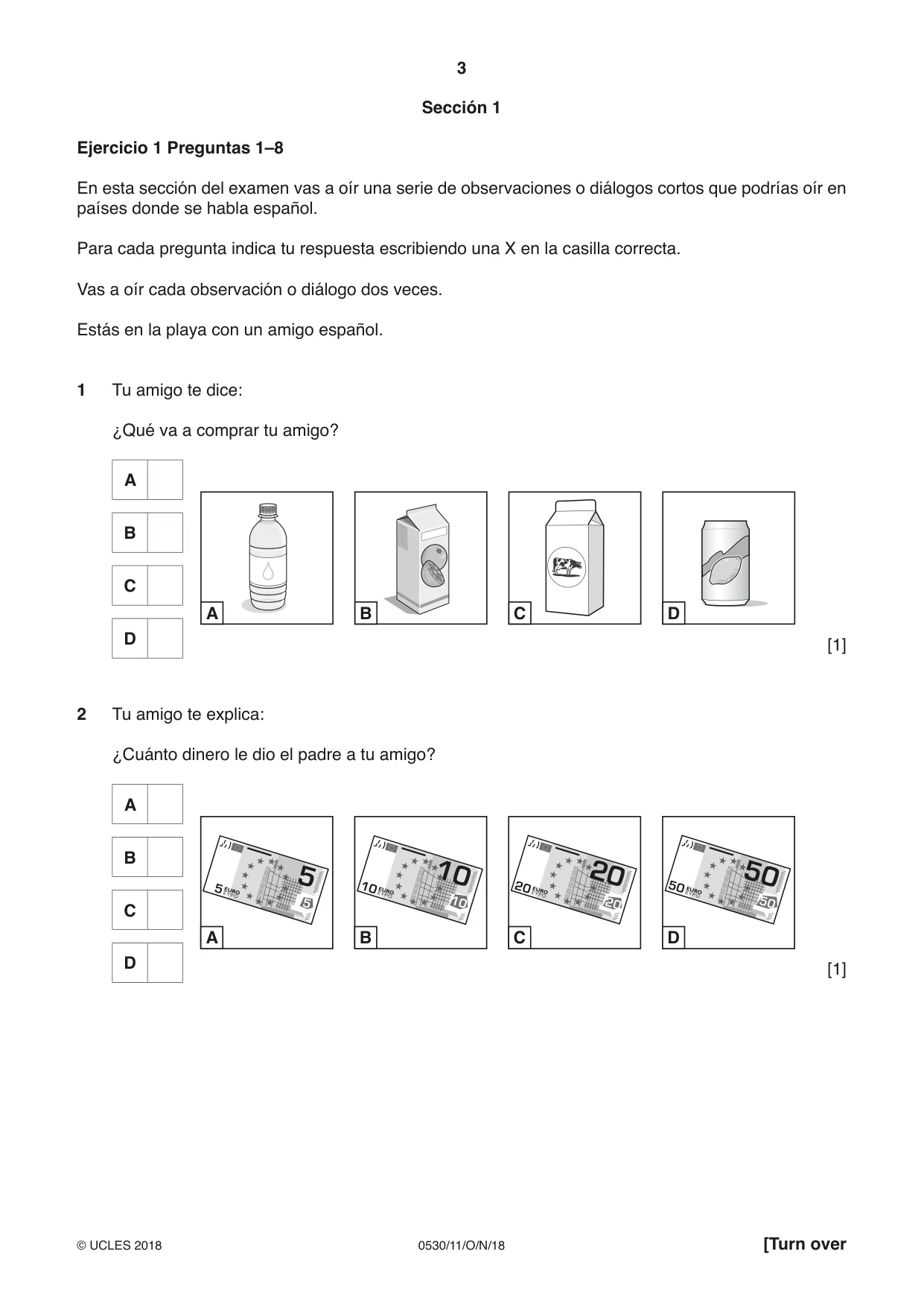 Cambridge IGCSE Spanish - Foreign Language 0530 2018 Oct/Nov Paper 1 · Variant 1 question paper, page 3 of 12
