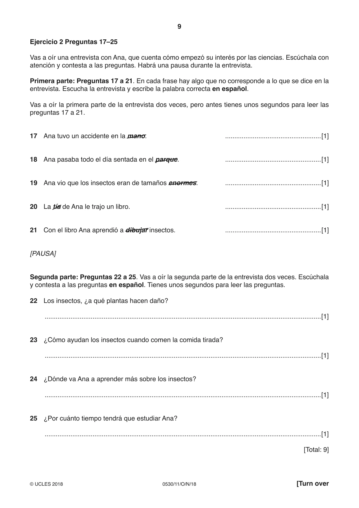 Cambridge IGCSE Spanish - Foreign Language 0530 2018 Oct/Nov Paper 1 · Variant 1 question paper, page 9 of 12