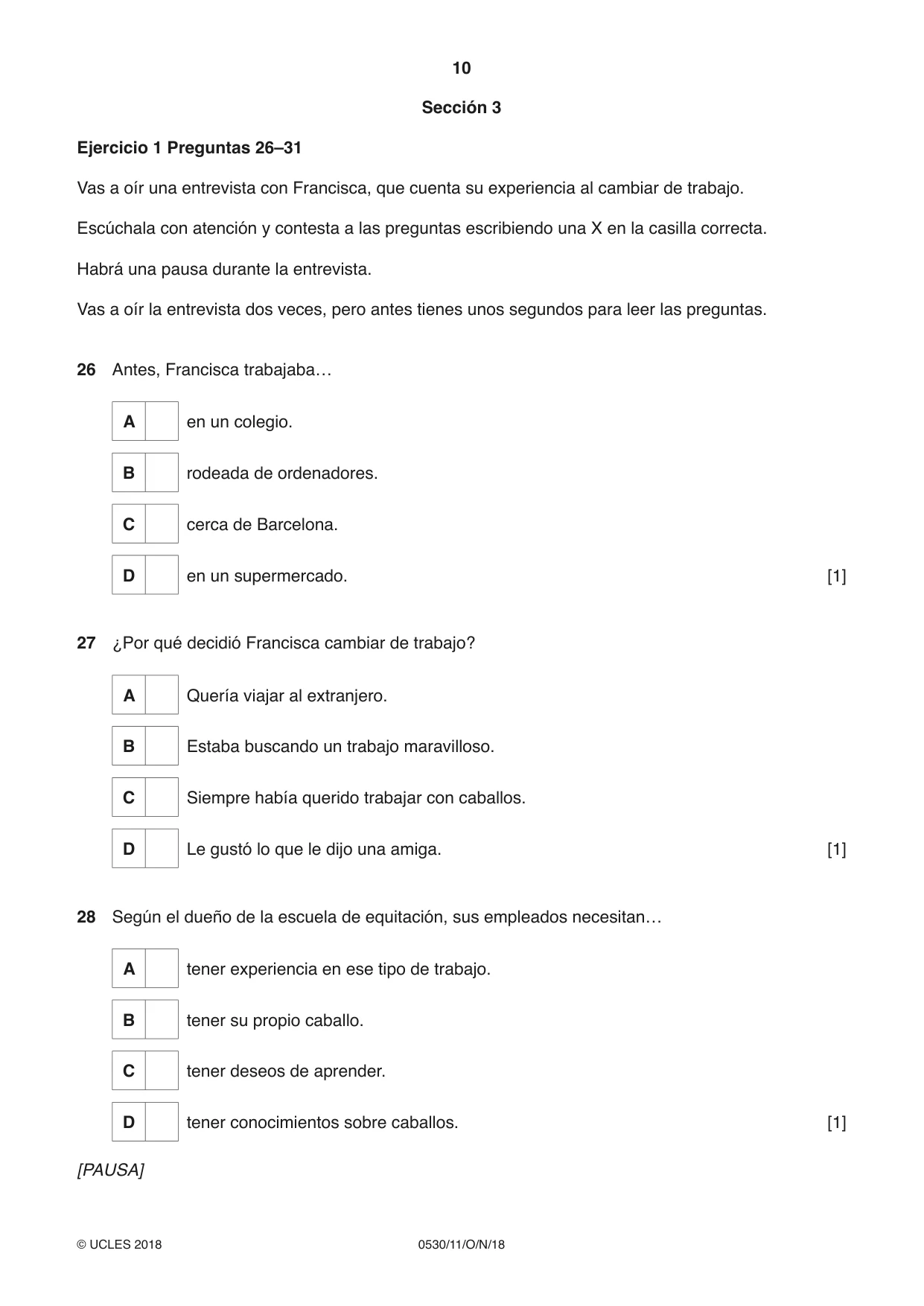 Cambridge IGCSE Spanish - Foreign Language 0530 2018 Oct/Nov Paper 1 · Variant 1 question paper, page 10 of 12