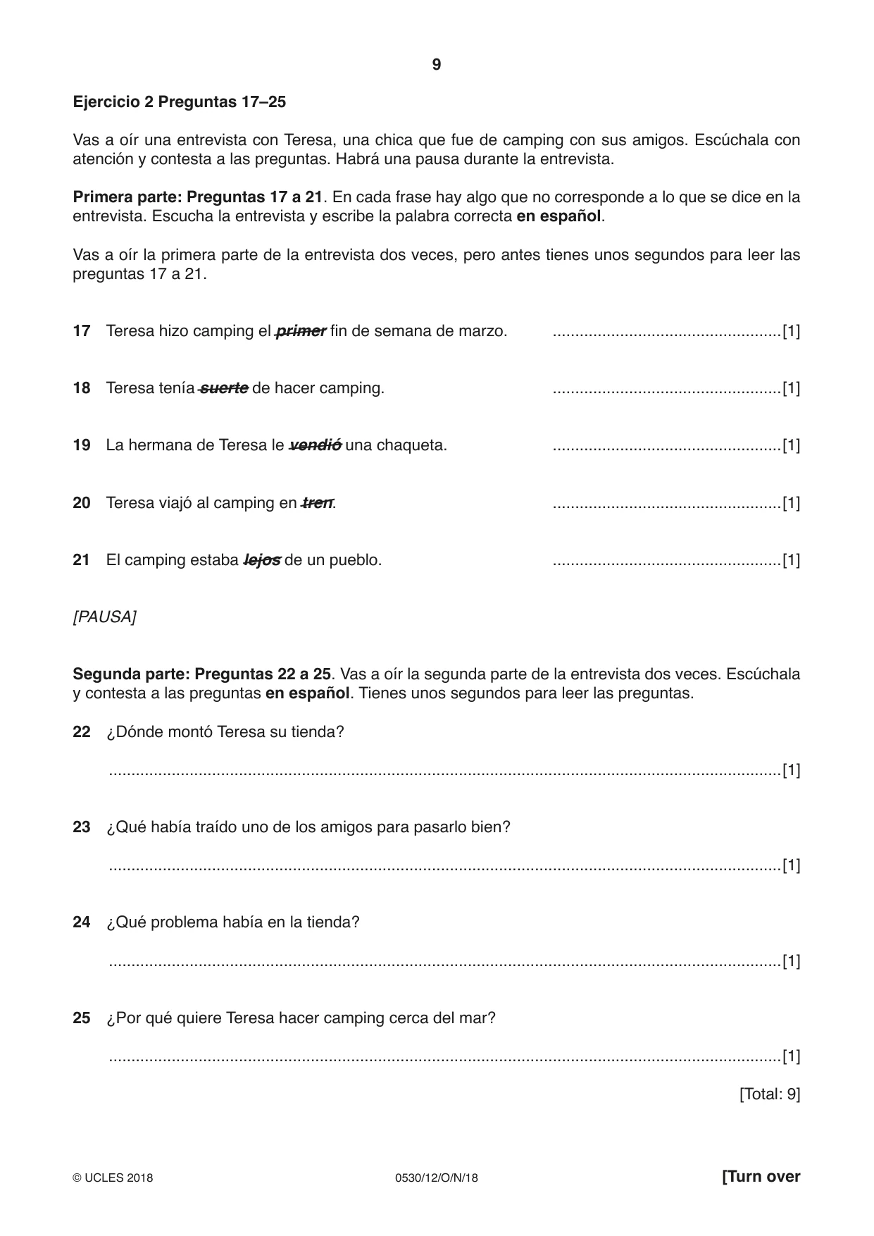 Cambridge IGCSE Spanish - Foreign Language 0530 2018 Oct/Nov Paper 1 · Variant 2 question paper, page 9 of 12