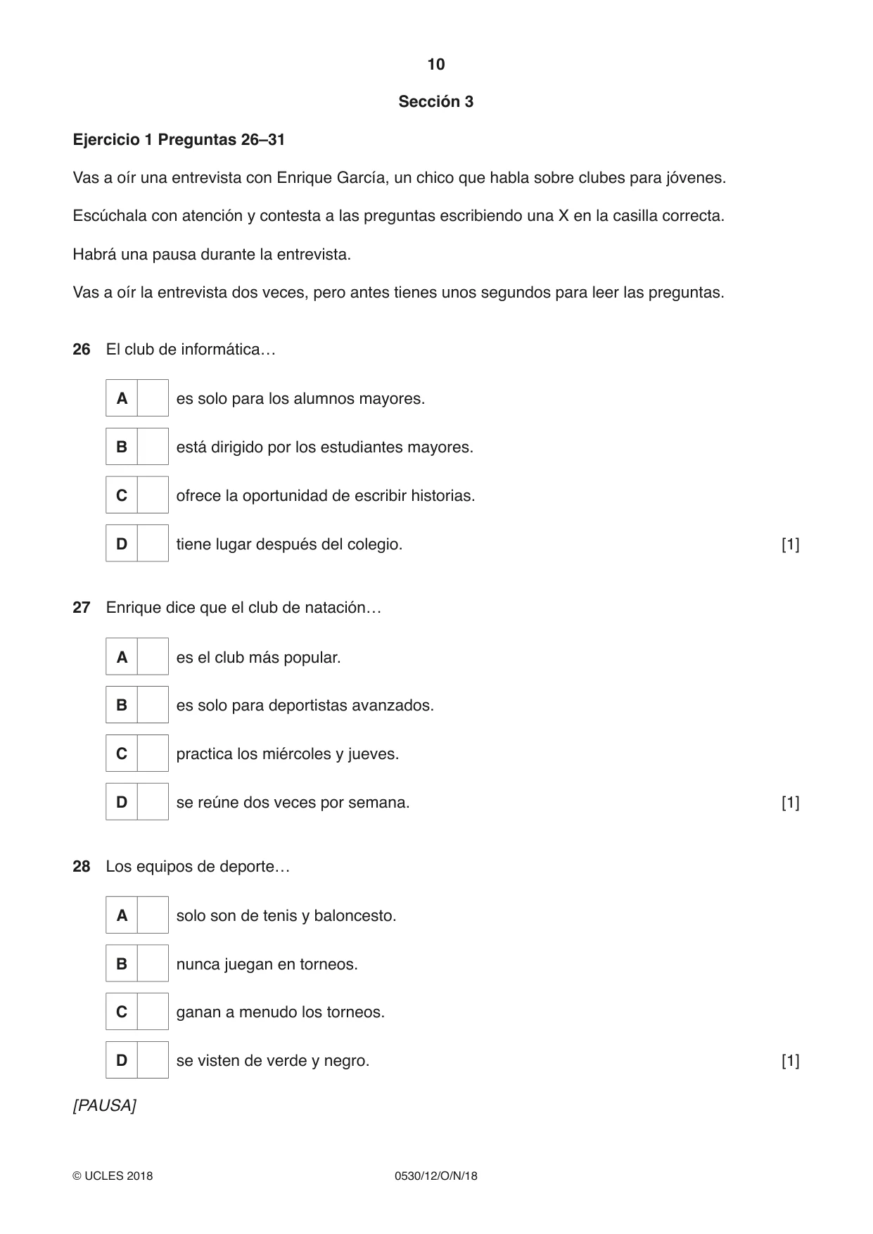 Cambridge IGCSE Spanish - Foreign Language 0530 2018 Oct/Nov Paper 1 · Variant 2 question paper, page 10 of 12