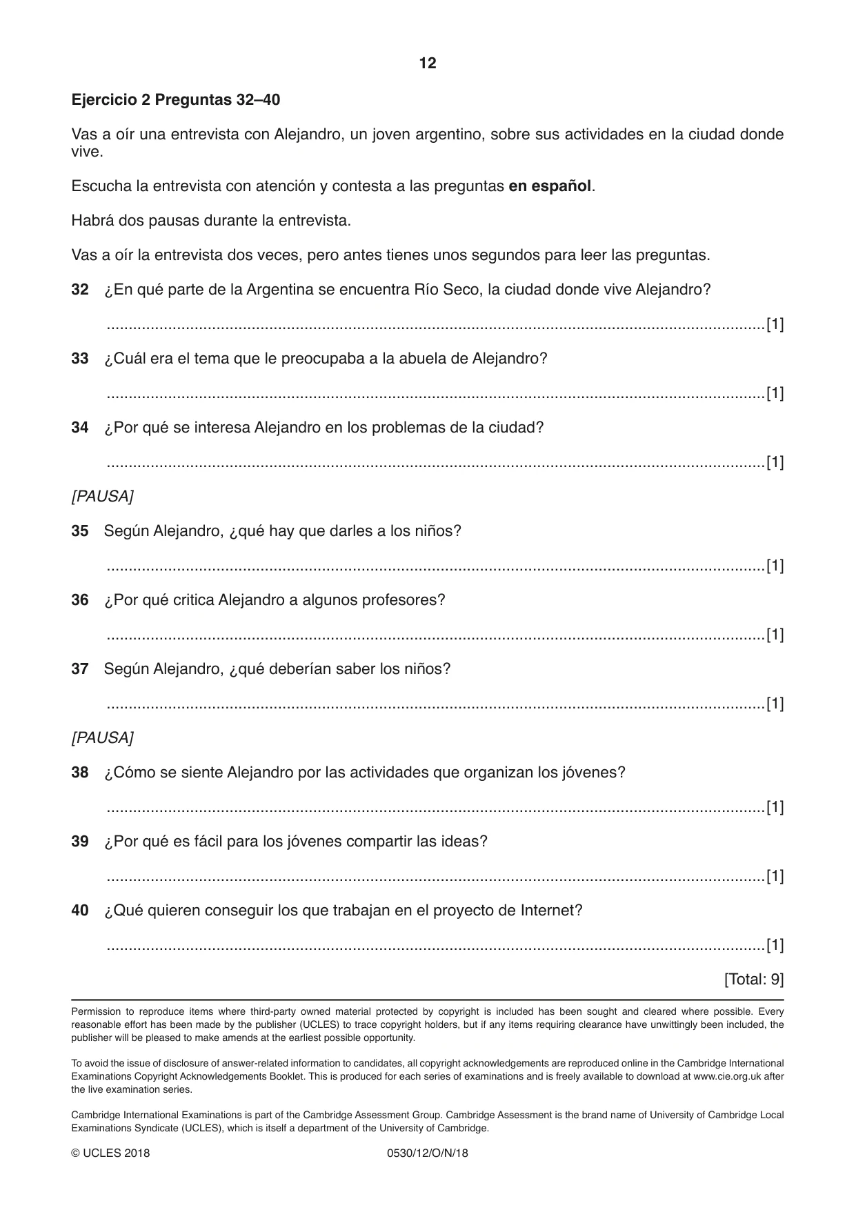 Cambridge IGCSE Spanish - Foreign Language 0530 2018 Oct/Nov Paper 1 · Variant 2 question paper, page 12 of 12