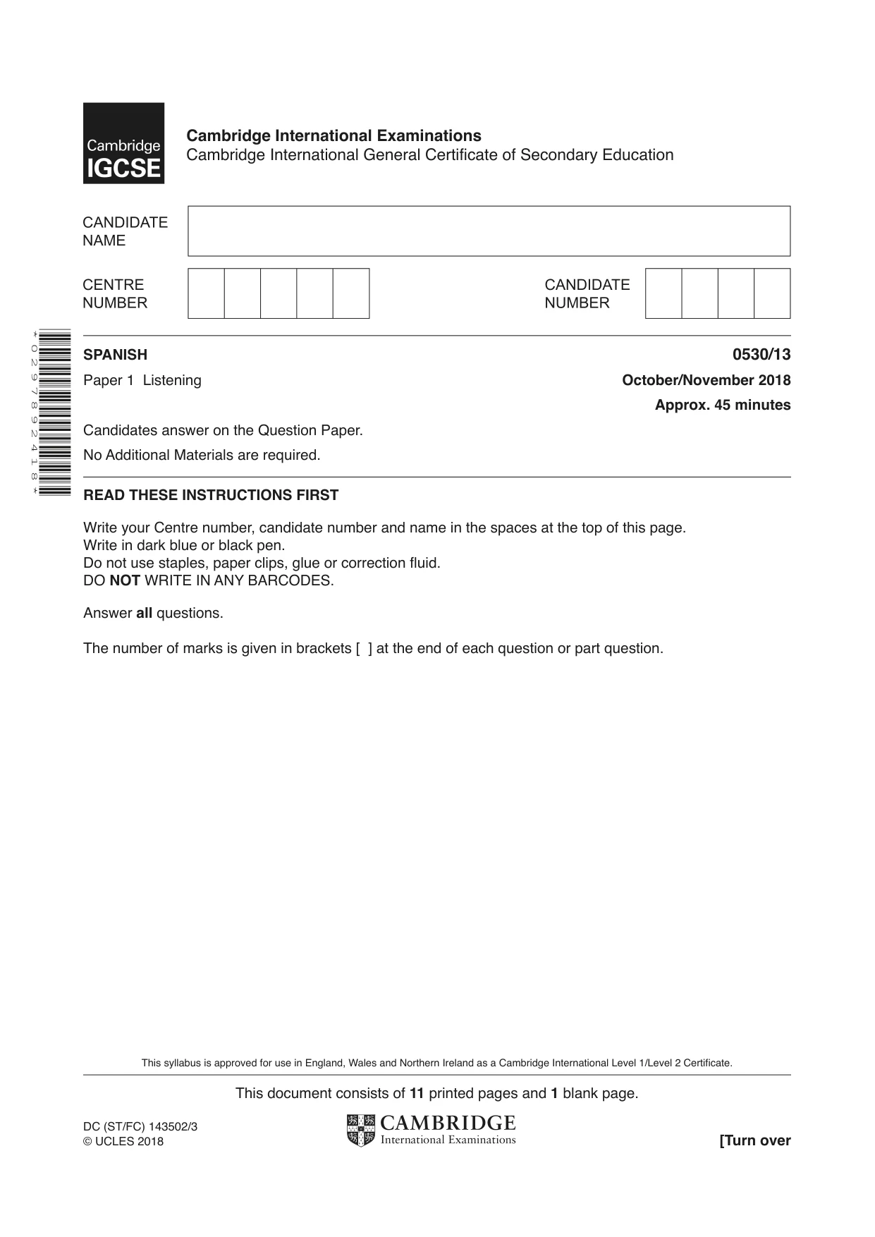 Cambridge IGCSE Spanish - Foreign Language 0530 2018 Oct/Nov Paper 1 · Variant 3 question paper, page 1 of 12