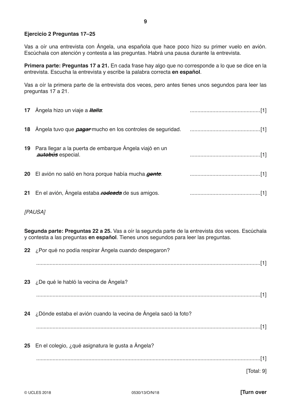 Cambridge IGCSE Spanish - Foreign Language 0530 2018 Oct/Nov Paper 1 · Variant 3 question paper, page 9 of 12