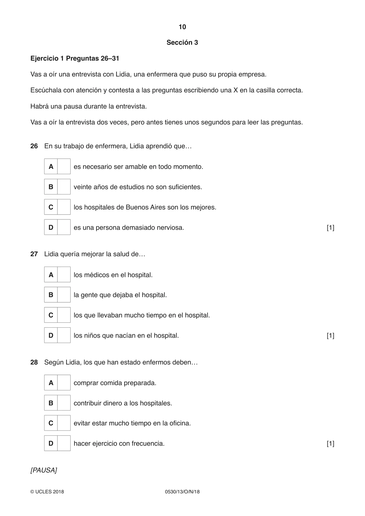 Cambridge IGCSE Spanish - Foreign Language 0530 2018 Oct/Nov Paper 1 · Variant 3 question paper, page 10 of 12