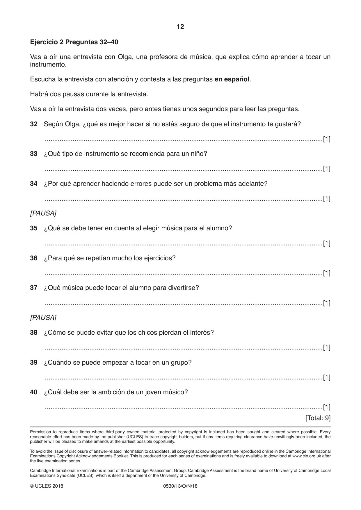 Cambridge IGCSE Spanish - Foreign Language 0530 2018 Oct/Nov Paper 1 · Variant 3 question paper, page 12 of 12