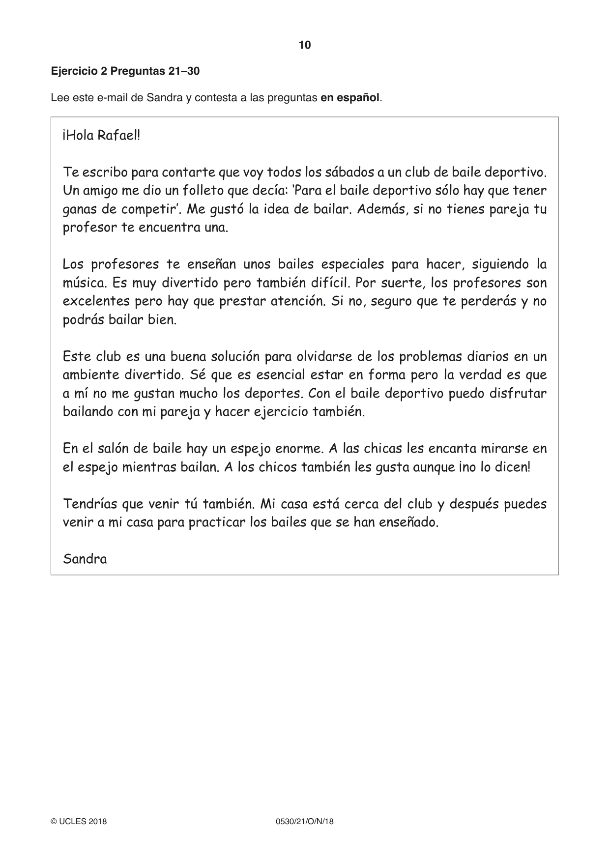 Cambridge IGCSE Spanish - Foreign Language 0530 2018 Oct/Nov Paper 2 · Variant 1 question paper, page 10 of 16