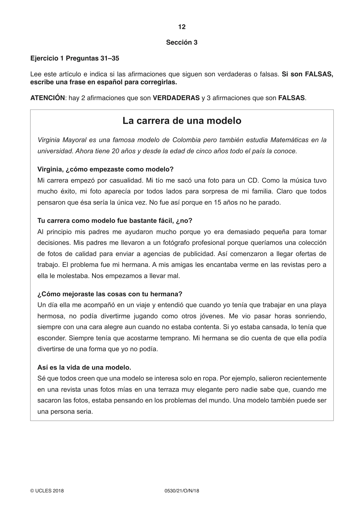 Cambridge IGCSE Spanish - Foreign Language 0530 2018 Oct/Nov Paper 2 · Variant 1 question paper, page 12 of 16