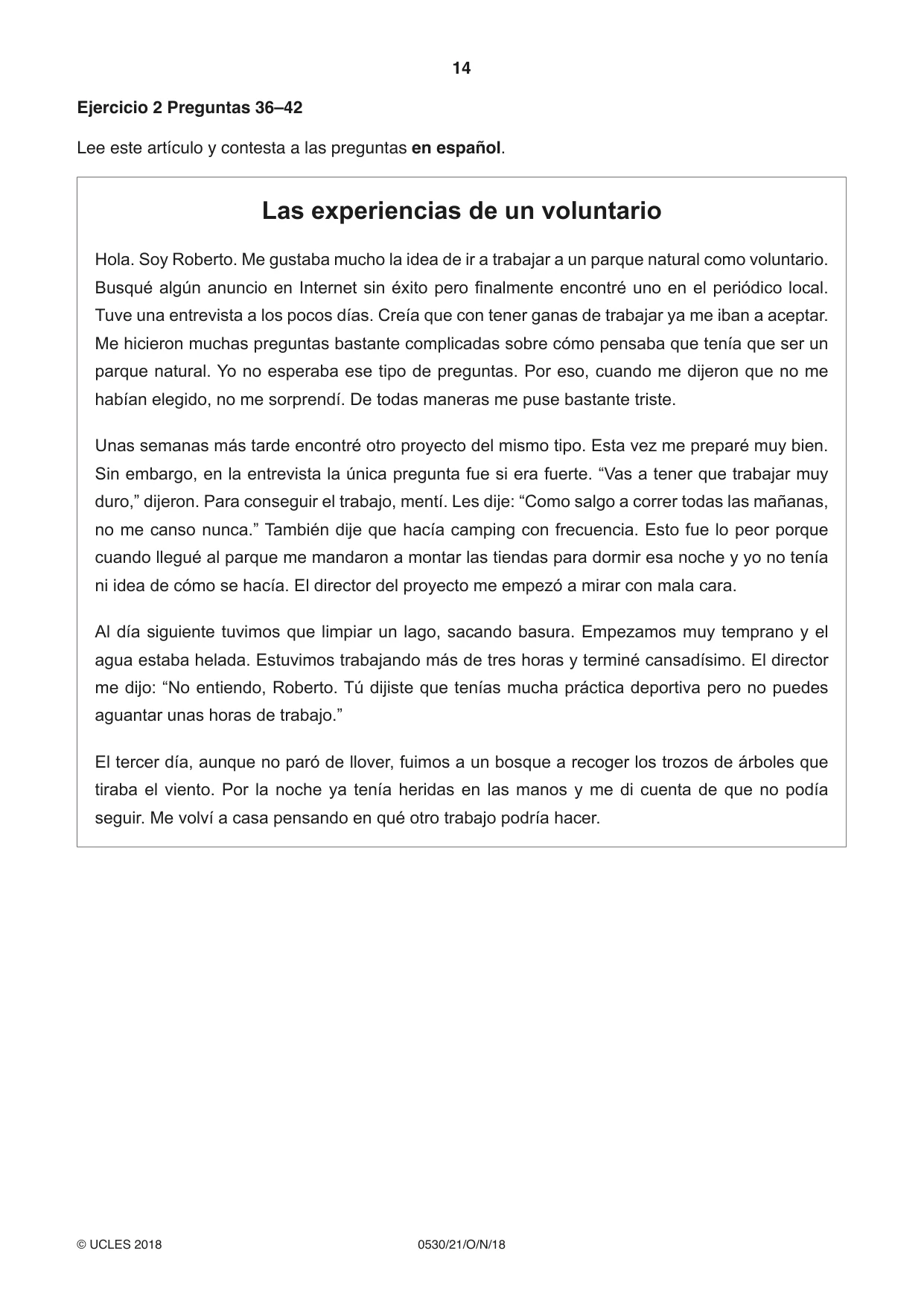 Cambridge IGCSE Spanish - Foreign Language 0530 2018 Oct/Nov Paper 2 · Variant 1 question paper, page 14 of 16