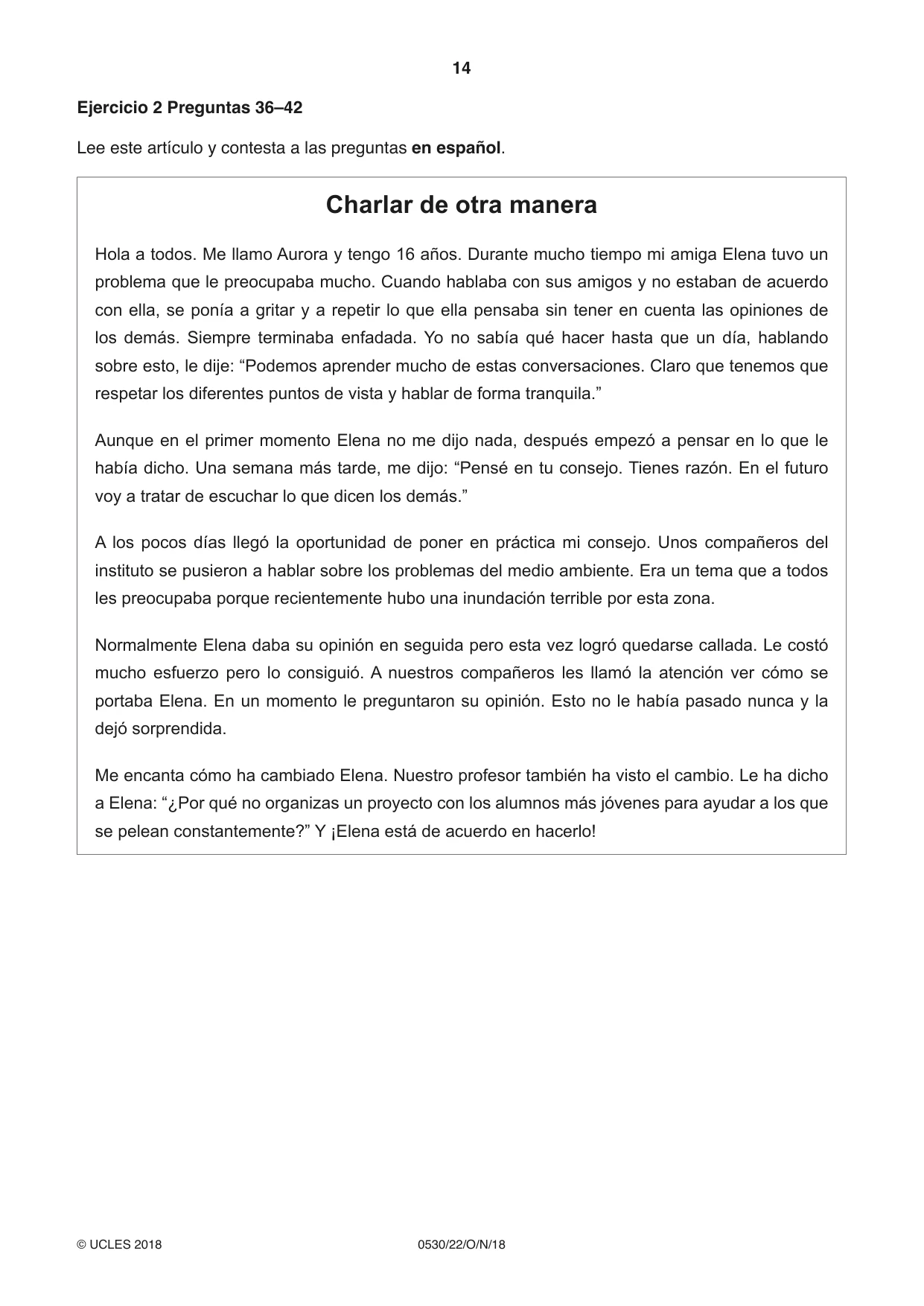 Cambridge IGCSE Spanish - Foreign Language 0530 2018 Oct/Nov Paper 2 · Variant 2 question paper, page 14 of 16