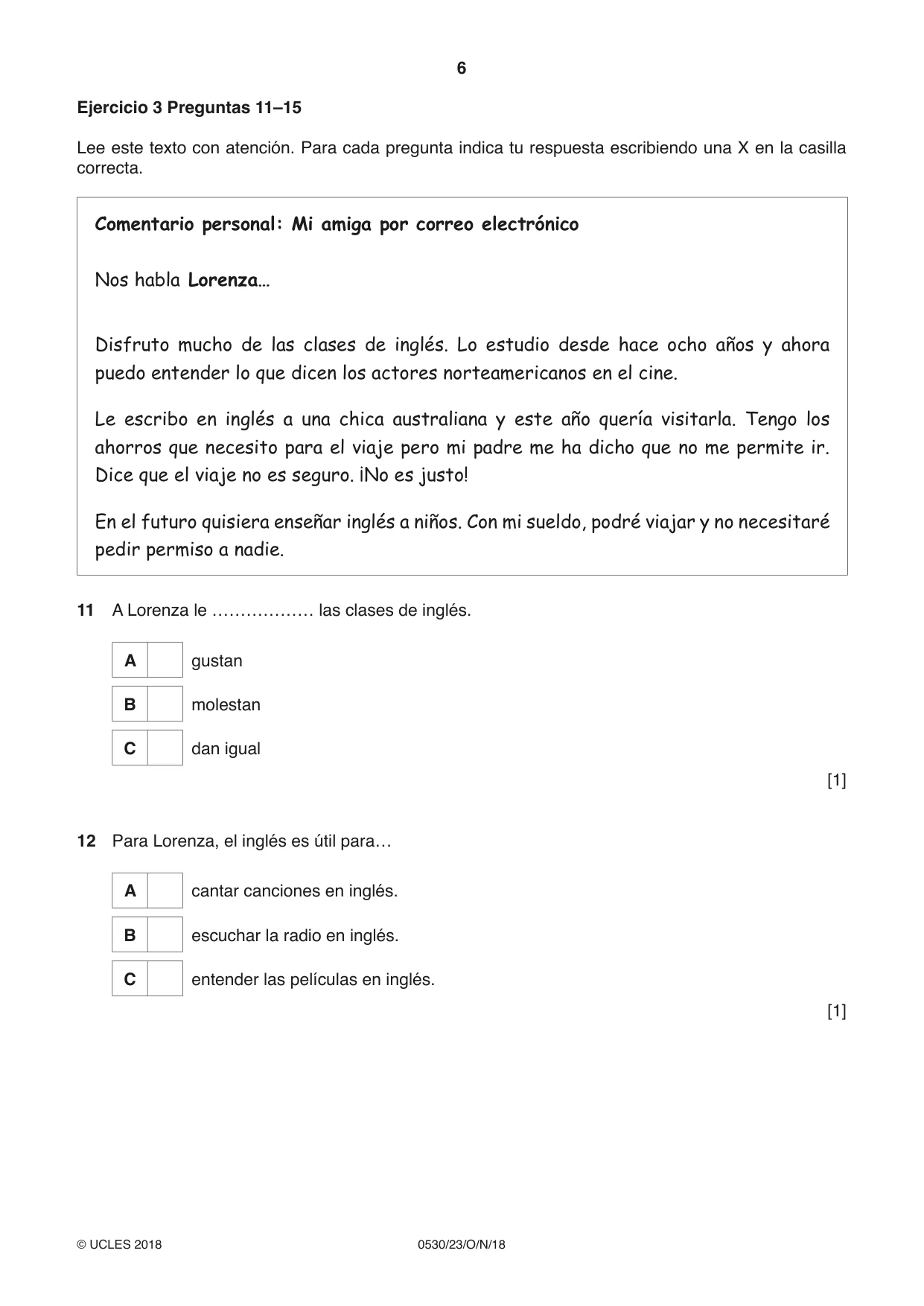 Cambridge IGCSE Spanish - Foreign Language 0530 2018 Oct/Nov Paper 2 · Variant 3 question paper, page 6 of 16