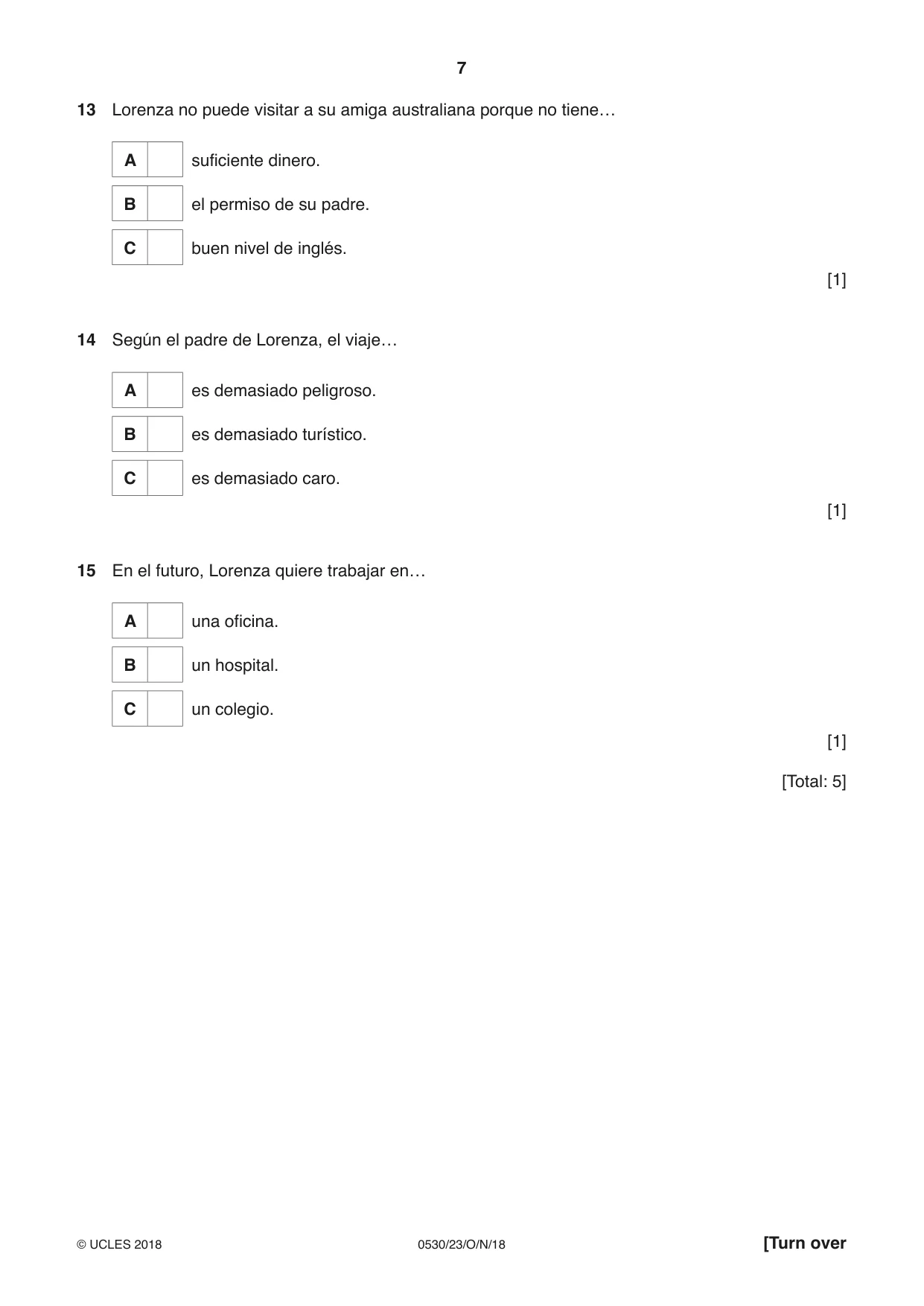 Cambridge IGCSE Spanish - Foreign Language 0530 2018 Oct/Nov Paper 2 · Variant 3 question paper, page 7 of 16