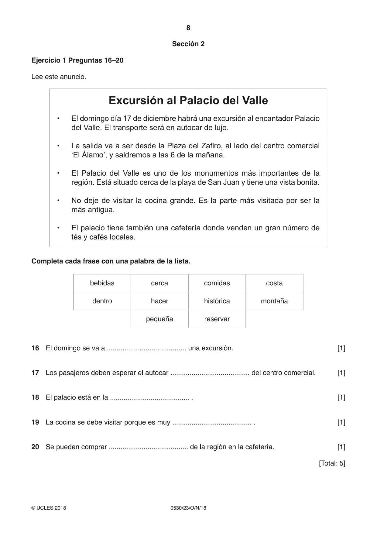 Cambridge IGCSE Spanish - Foreign Language 0530 2018 Oct/Nov Paper 2 · Variant 3 question paper, page 8 of 16