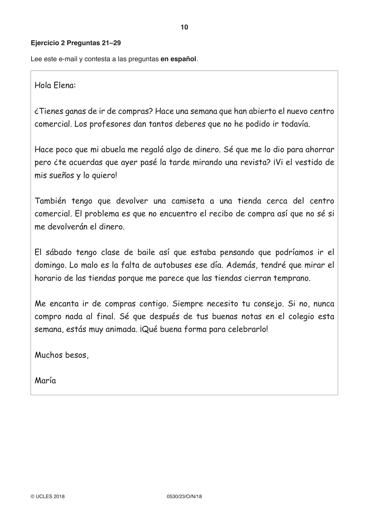 Cambridge IGCSE Spanish - Foreign Language 0530 2018 Oct/Nov Paper 2 · Variant 3 question paper, page 10 of 16