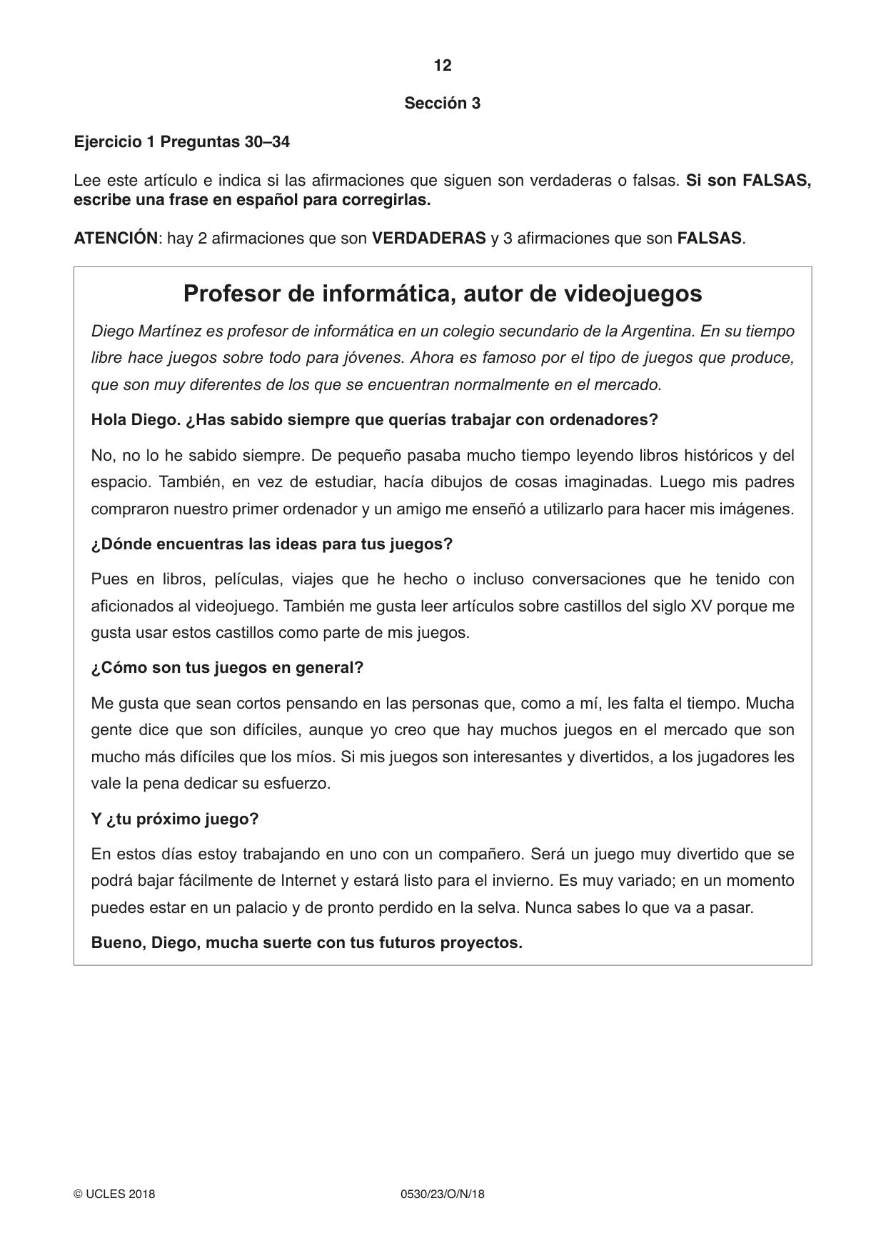 Cambridge IGCSE Spanish - Foreign Language 0530 2018 Oct/Nov Paper 2 · Variant 3 question paper, page 12 of 16
