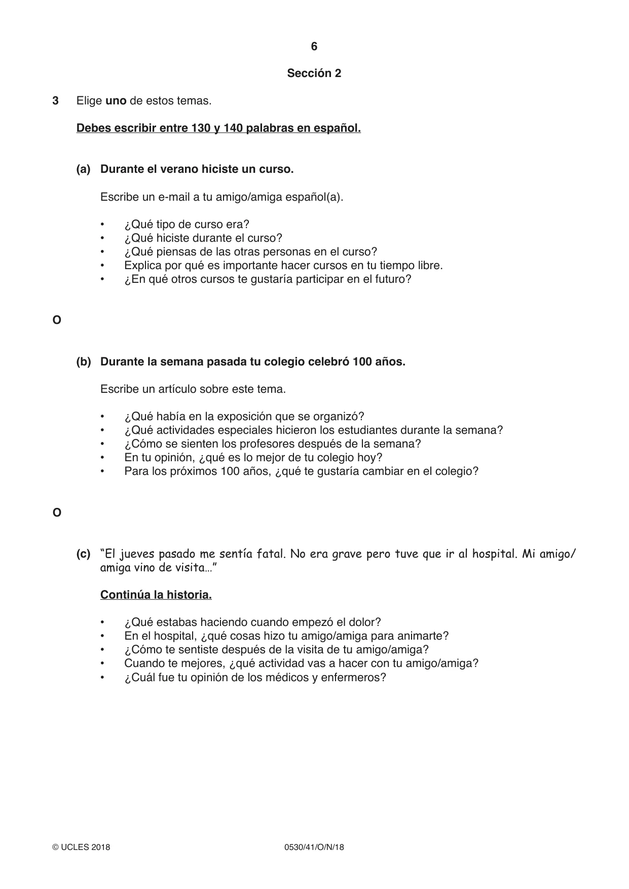 Cambridge IGCSE Spanish - Foreign Language 0530 2018 Oct/Nov Paper 4 · Variant 1 question paper, page 6 of 8