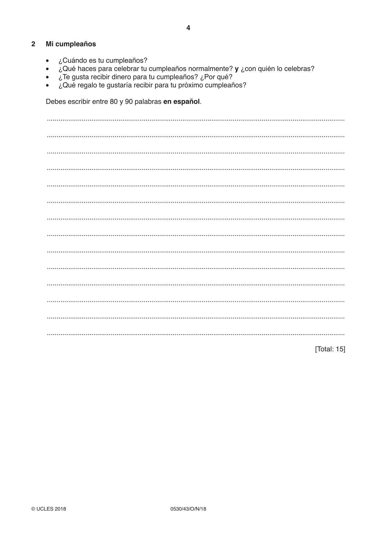 Cambridge IGCSE Spanish - Foreign Language 0530 2018 Oct/Nov Paper 4 · Variant 3 question paper, page 4 of 8