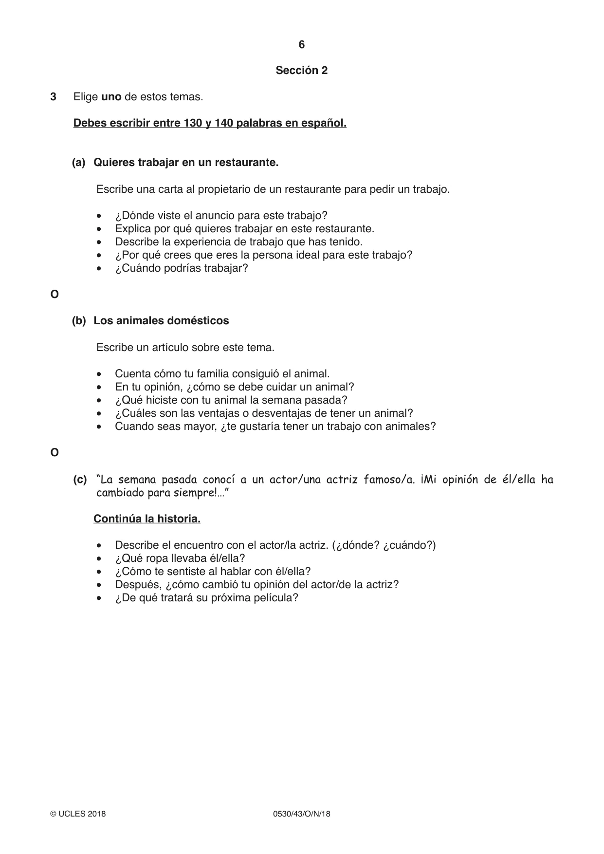 Cambridge IGCSE Spanish - Foreign Language 0530 2018 Oct/Nov Paper 4 · Variant 3 question paper, page 6 of 8