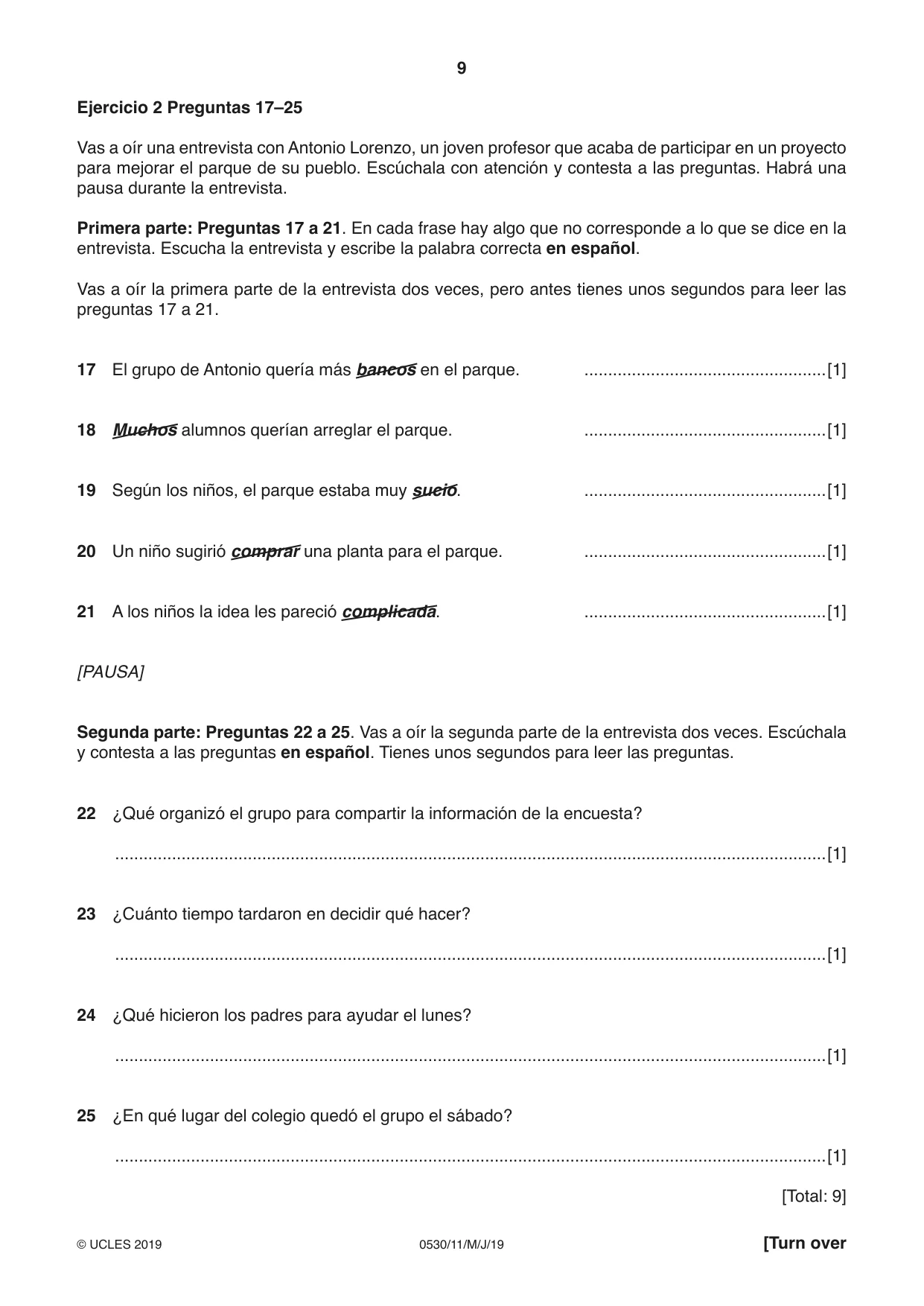 Cambridge IGCSE Spanish - Foreign Language 0530 2019 May/June Paper 1 · Variant 1 question paper, page 9 of 12