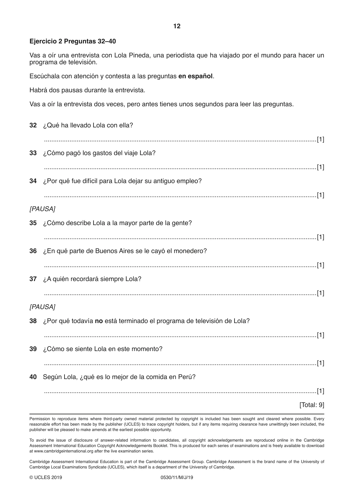 Cambridge IGCSE Spanish - Foreign Language 0530 2019 May/June Paper 1 · Variant 1 question paper, page 12 of 12