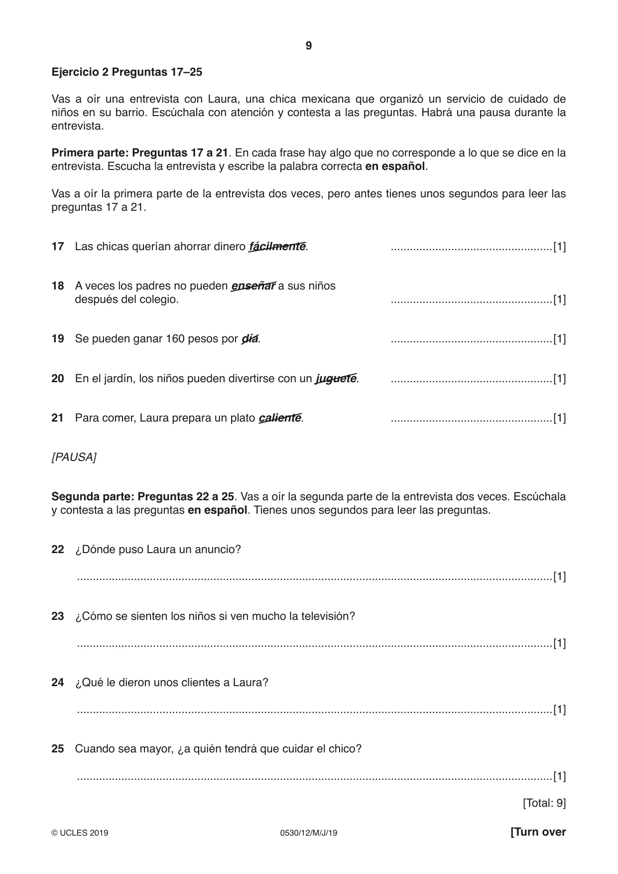 Cambridge IGCSE Spanish - Foreign Language 0530 2019 May/June Paper 1 · Variant 2 question paper, page 9 of 12