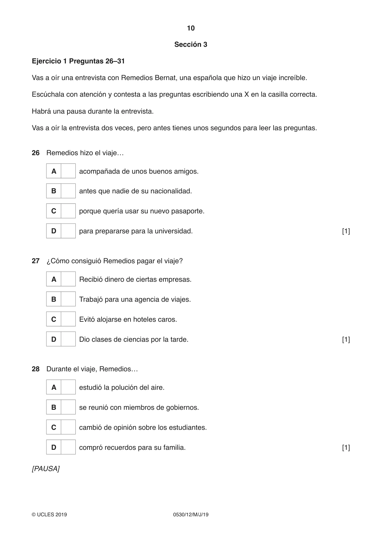 Cambridge IGCSE Spanish - Foreign Language 0530 2019 May/June Paper 1 · Variant 2 question paper, page 10 of 12
