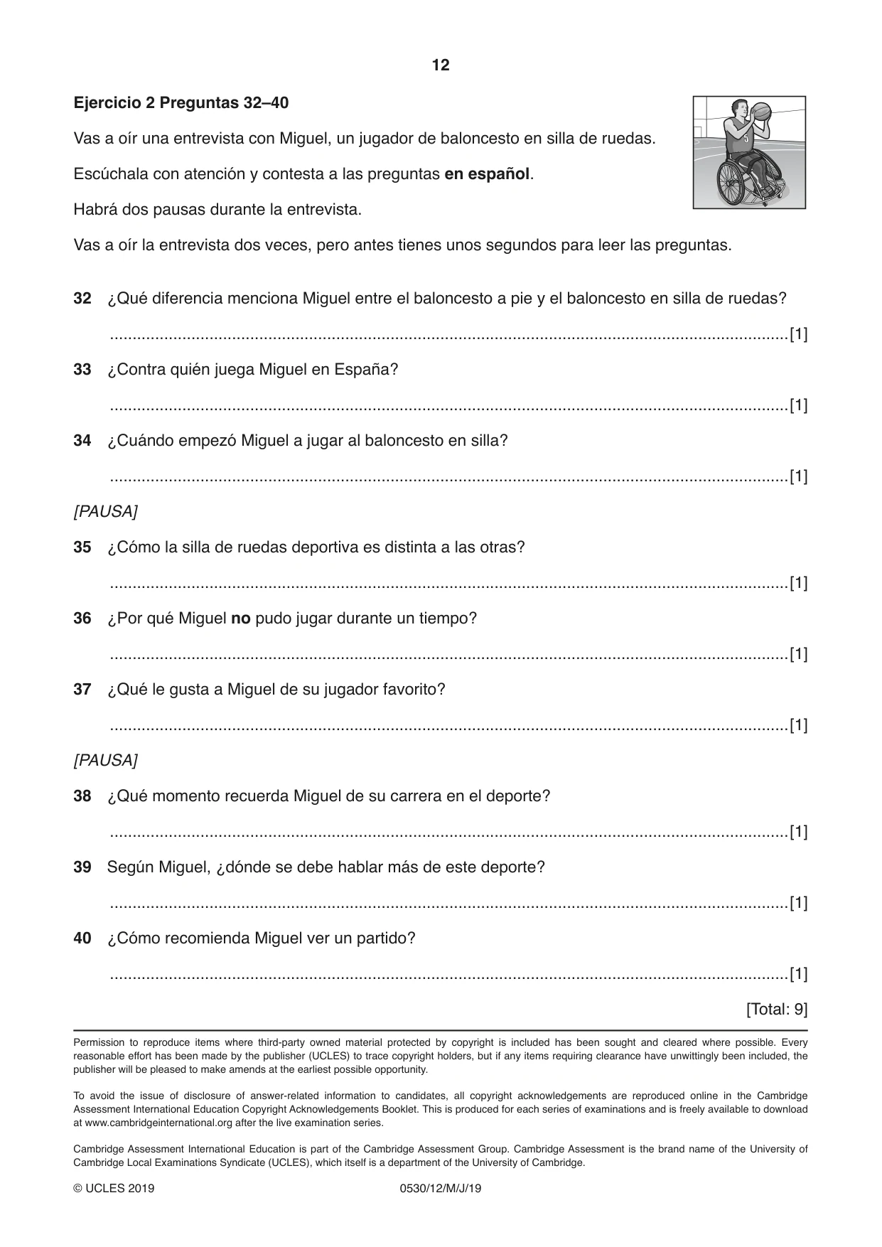 Cambridge IGCSE Spanish - Foreign Language 0530 2019 May/June Paper 1 · Variant 2 question paper, page 12 of 12