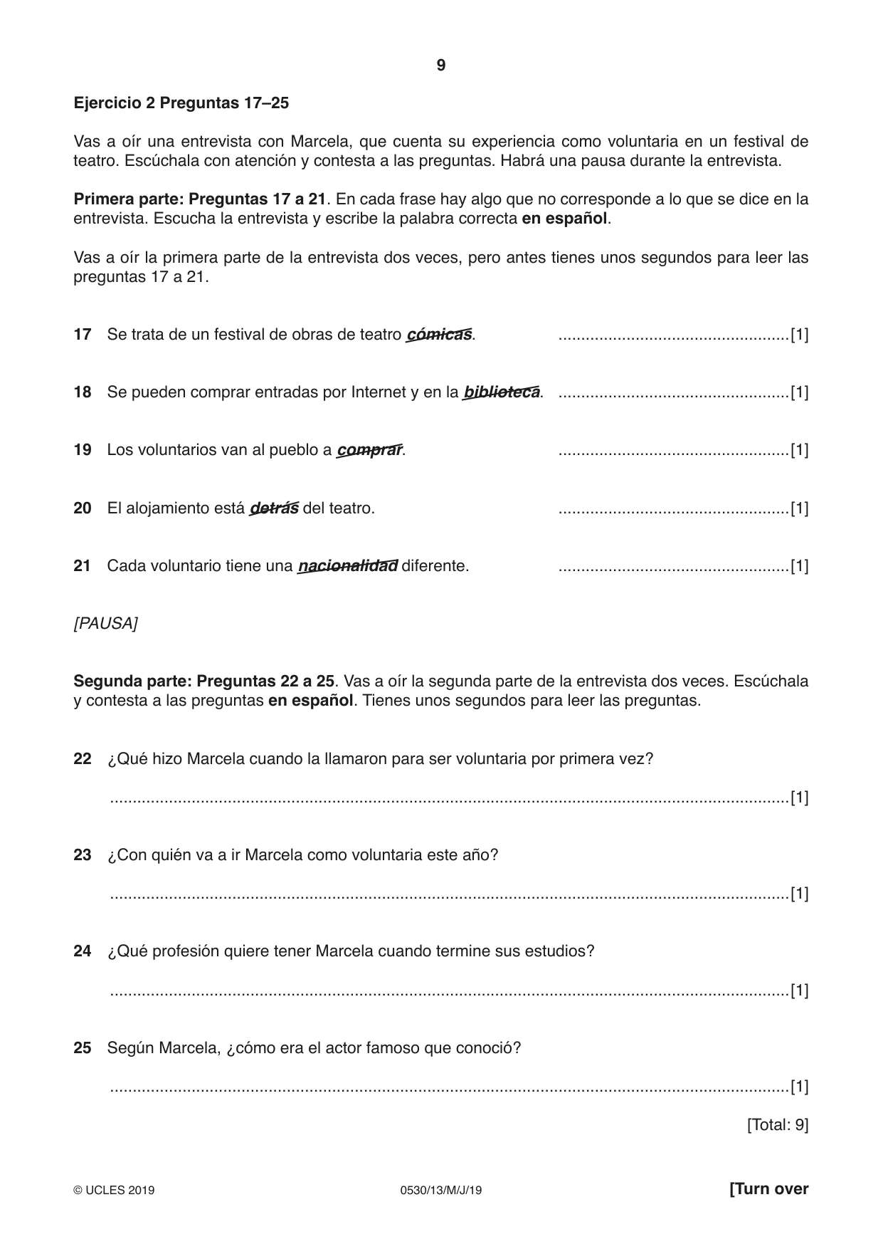 Cambridge IGCSE Spanish - Foreign Language 0530 2019 May/June Paper 1 · Variant 3 question paper, page 9 of 12