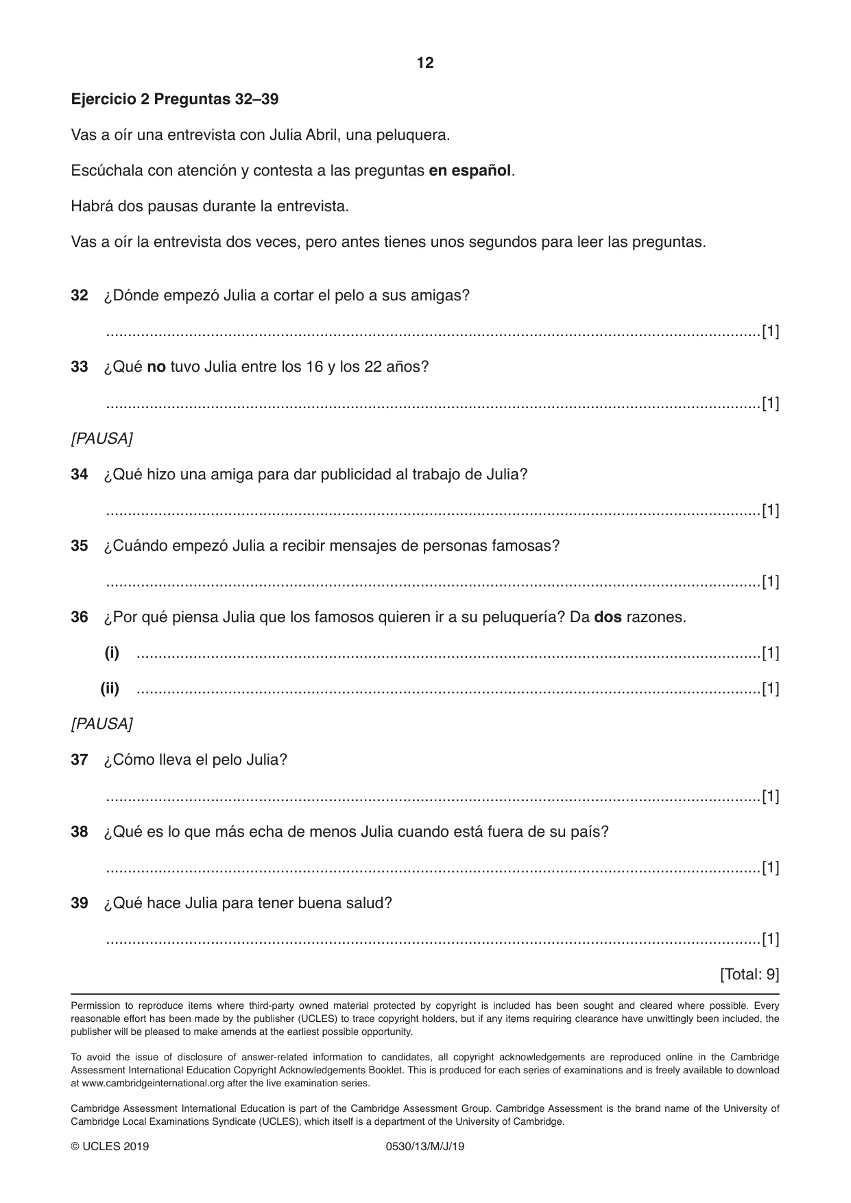 Cambridge IGCSE Spanish - Foreign Language 0530 2019 May/June Paper 1 · Variant 3 question paper, page 12 of 12
