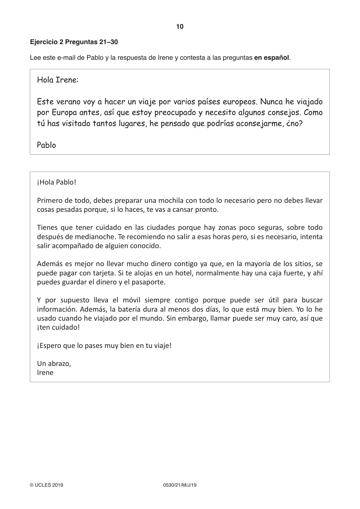 Cambridge IGCSE Spanish - Foreign Language 0530 2019 May/June Paper 2 · Variant 1 question paper, page 10 of 16