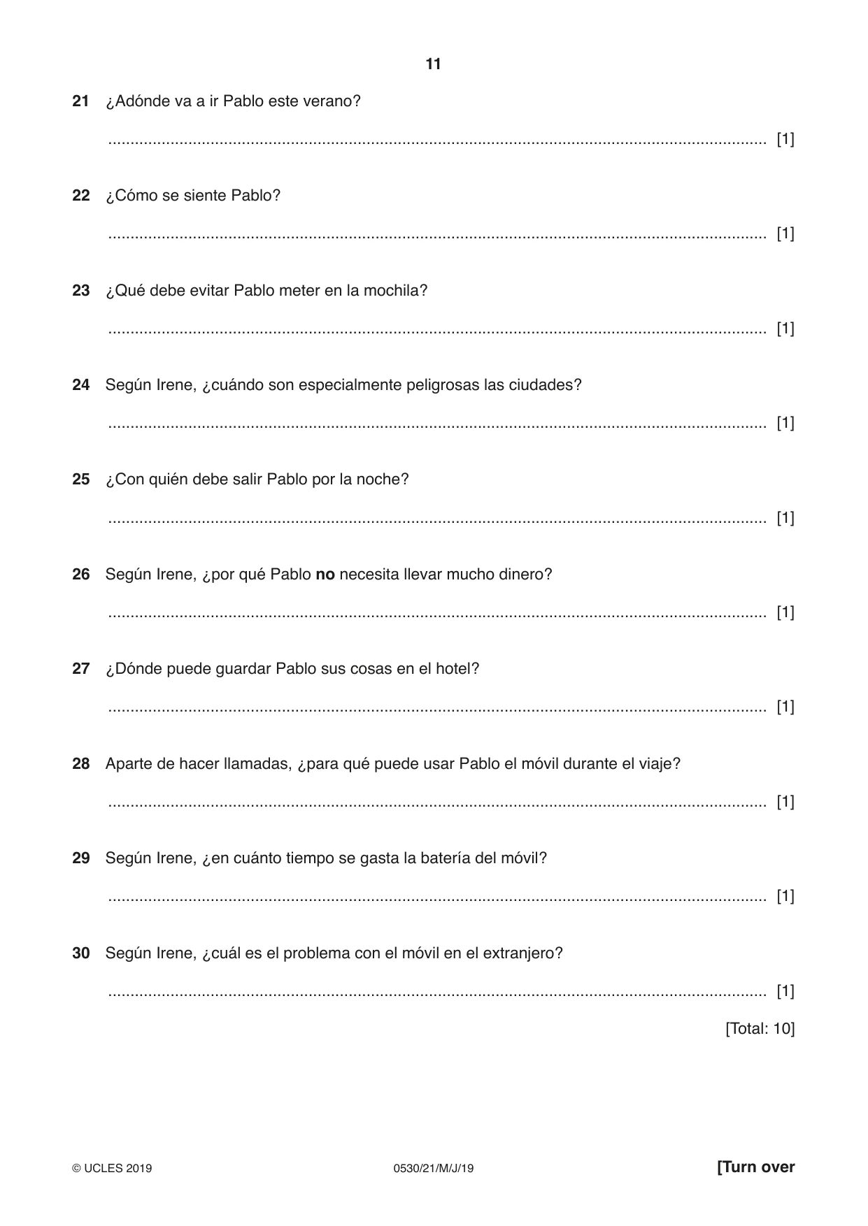 Cambridge IGCSE Spanish - Foreign Language 0530 2019 May/June Paper 2 · Variant 1 question paper, page 11 of 16