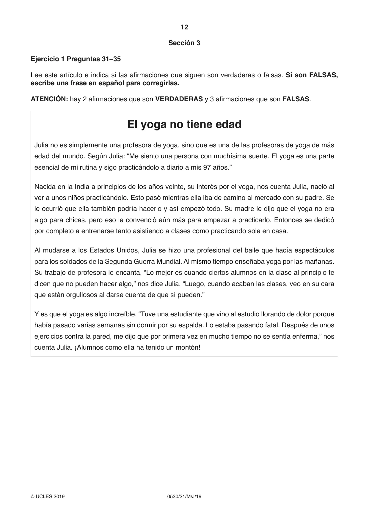 Cambridge IGCSE Spanish - Foreign Language 0530 2019 May/June Paper 2 · Variant 1 question paper, page 12 of 16