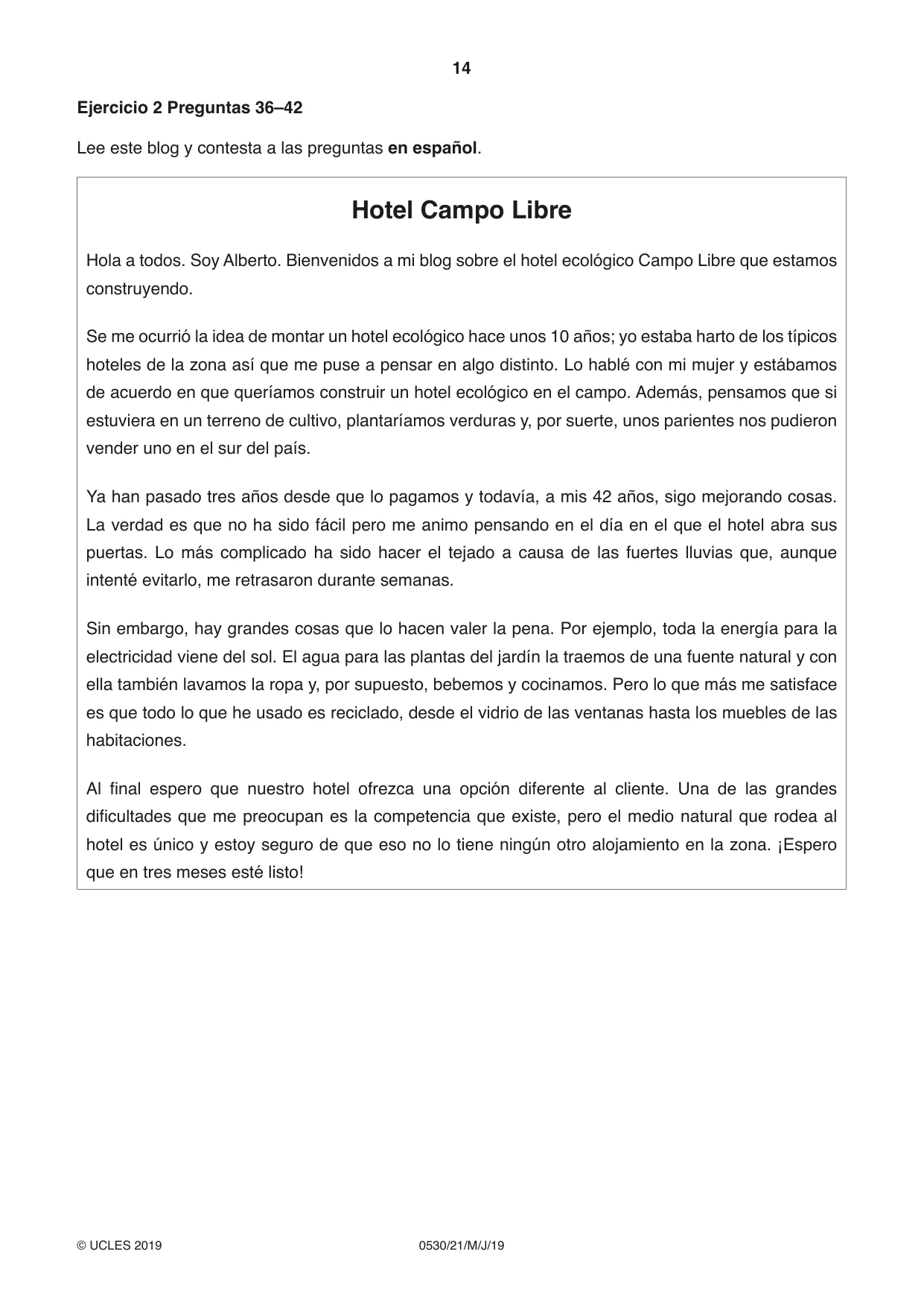 Cambridge IGCSE Spanish - Foreign Language 0530 2019 May/June Paper 2 · Variant 1 question paper, page 14 of 16