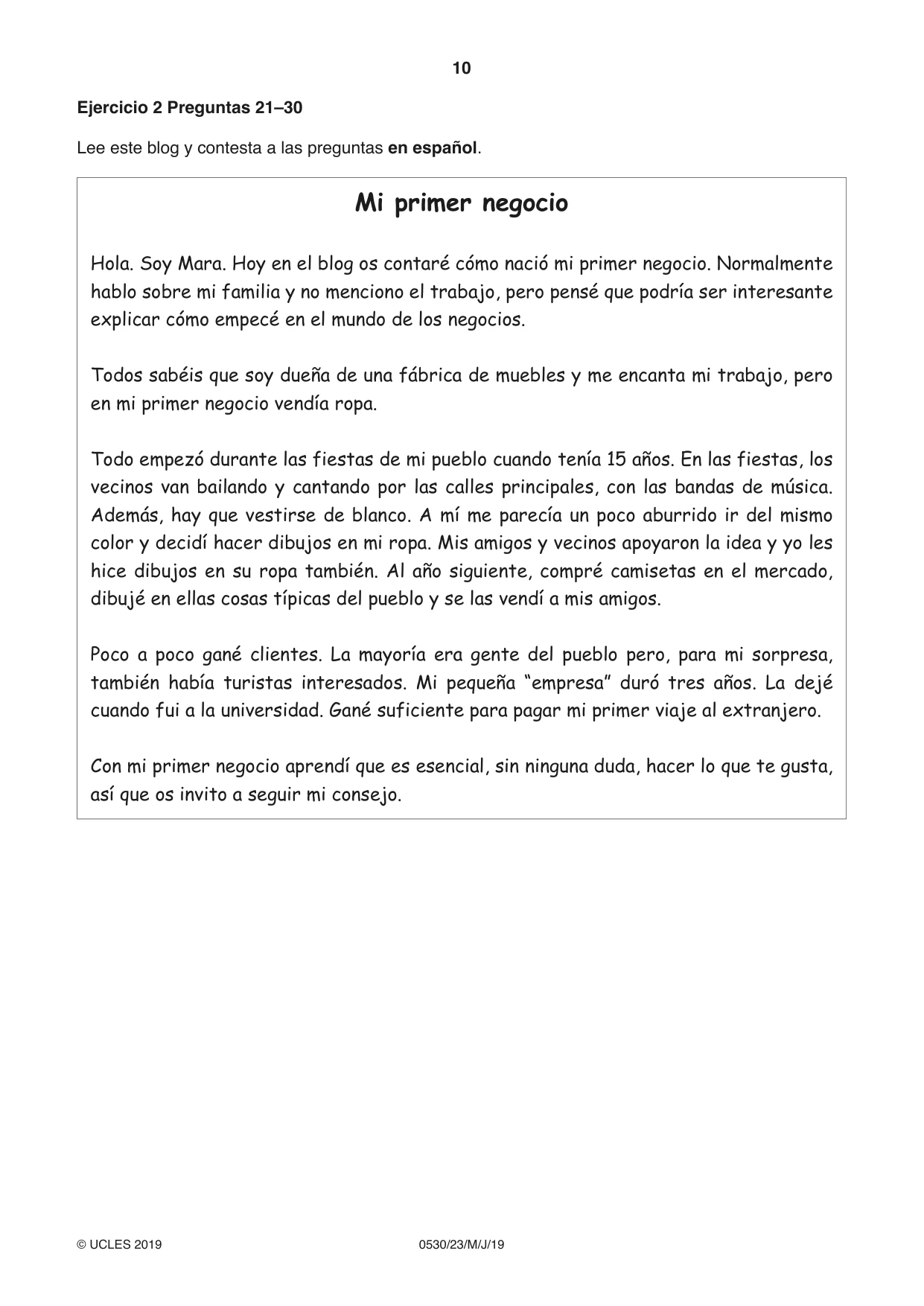 Cambridge IGCSE Spanish - Foreign Language 0530 2019 May/June Paper 2 · Variant 3 question paper, page 10 of 16